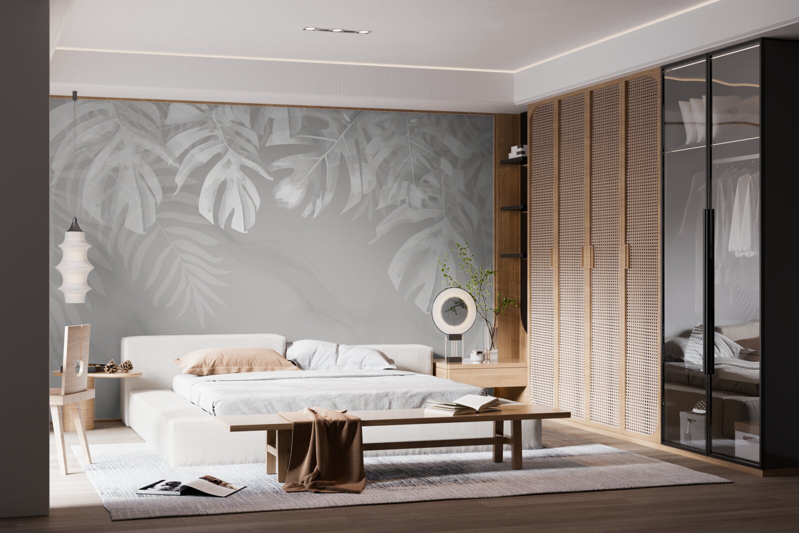 Fotobehang monstera met sneeuwwitte hangende bladeren