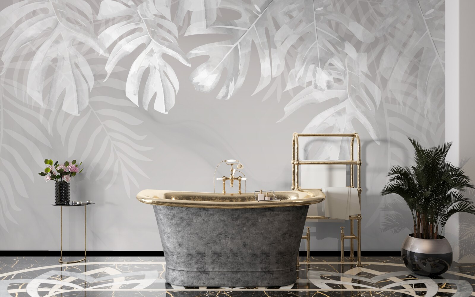 Fotobehang monstera met sneeuwwitte hangende bladeren