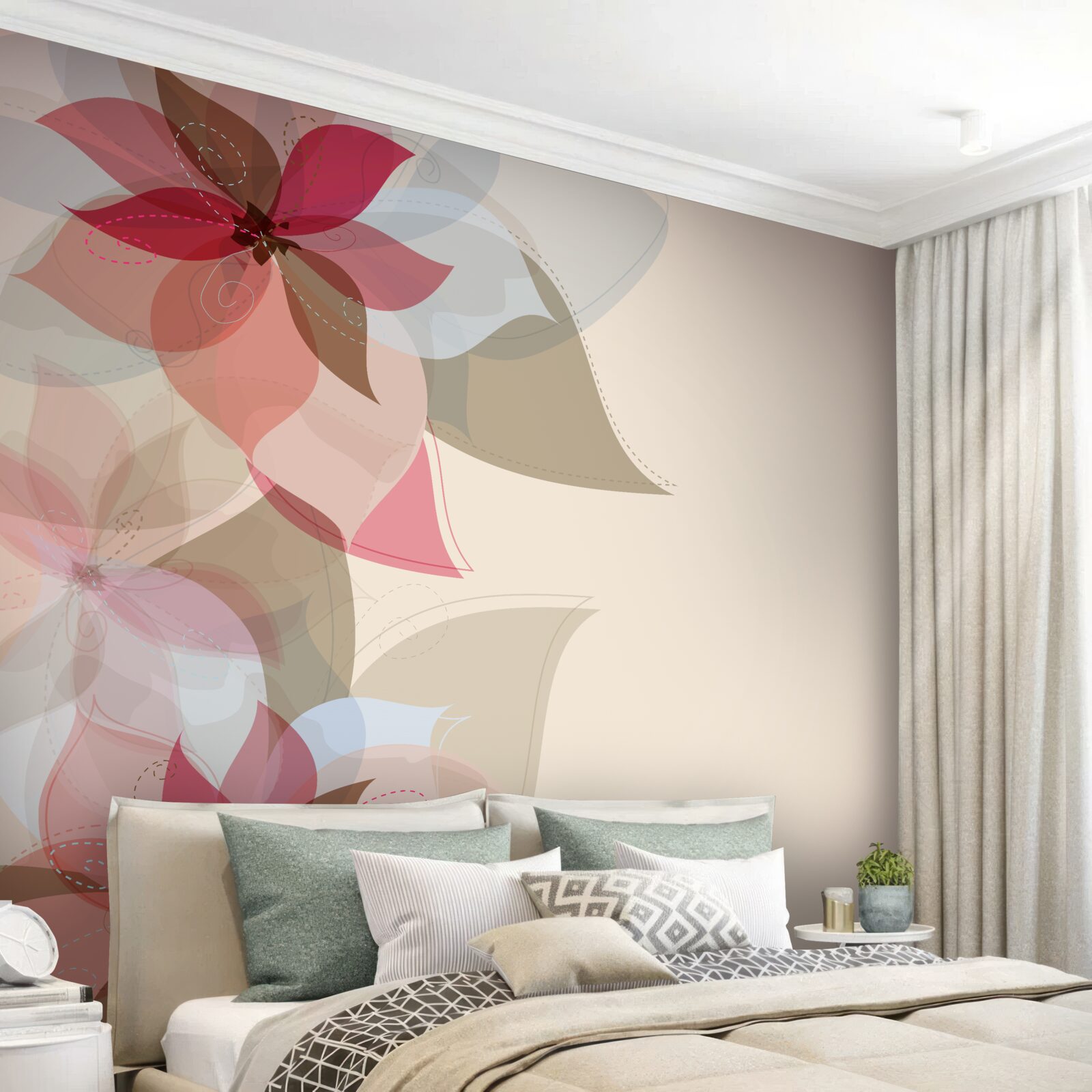 Fotobehang abstract schilderij van rode bloemen en bladeren