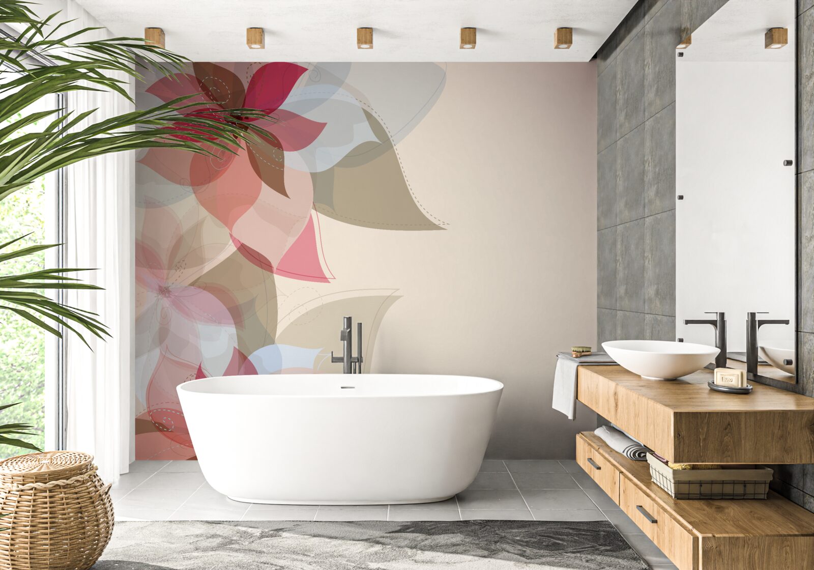 Fotobehang abstract schilderij van rode bloemen en bladeren