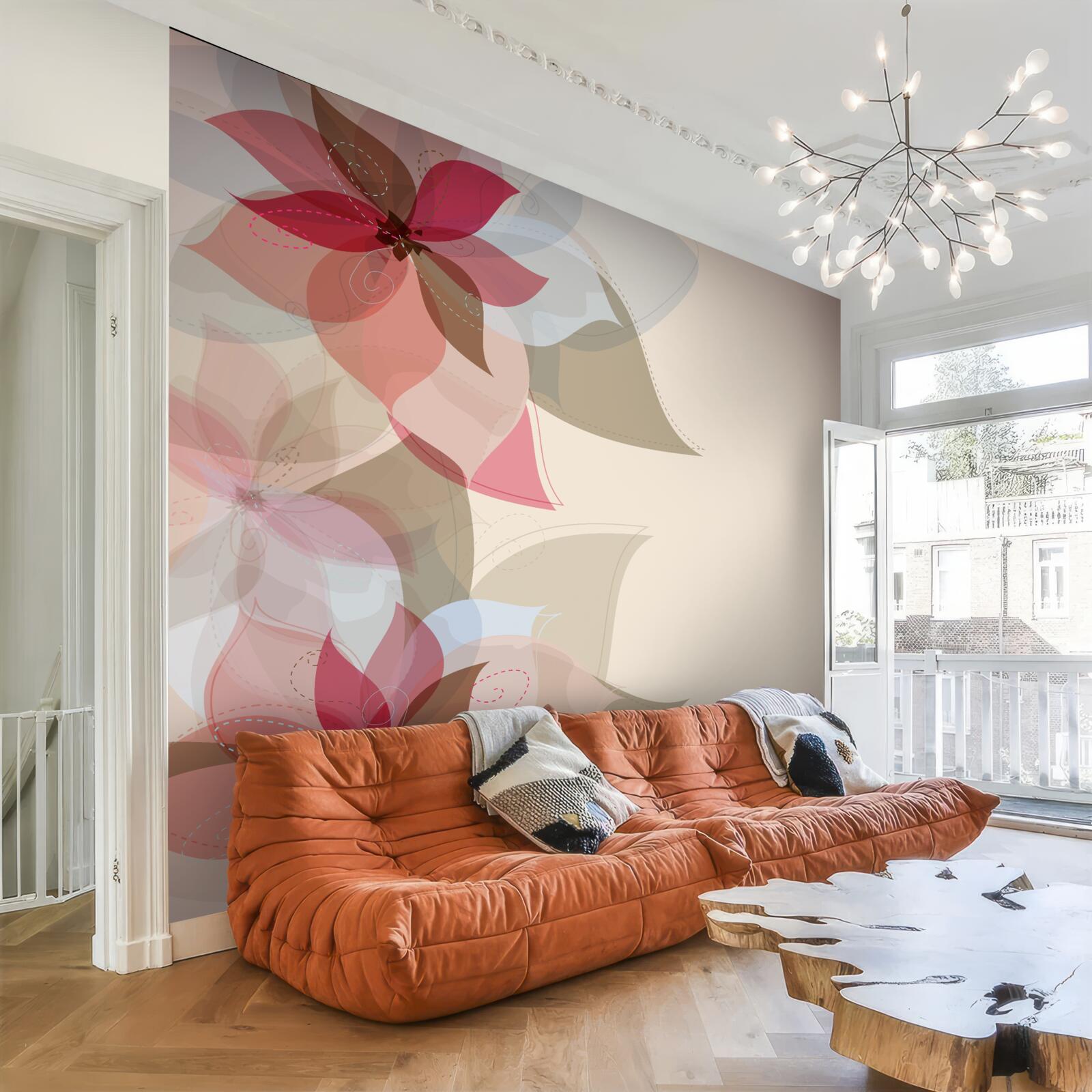 Fotobehang abstract schilderij van rode bloemen en bladeren