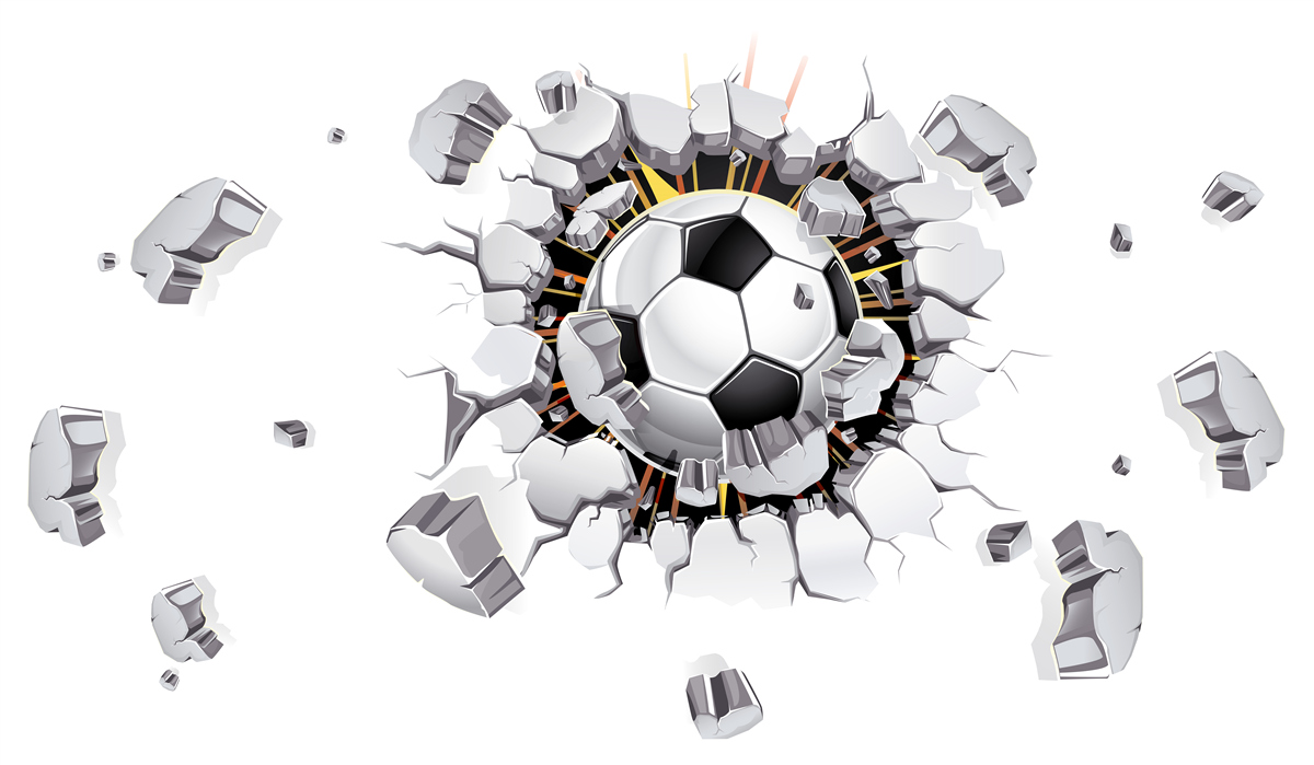 Fotobehang De muur werd doorboord met een voetbal