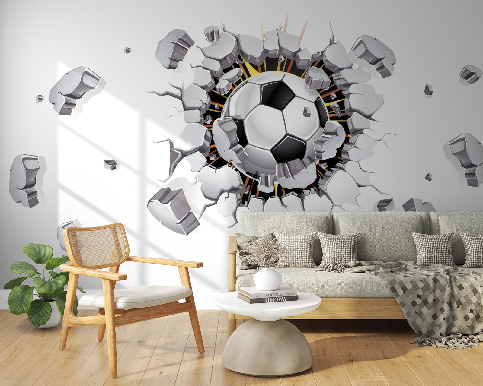 Fotobehang De muur werd doorboord met een voetbal