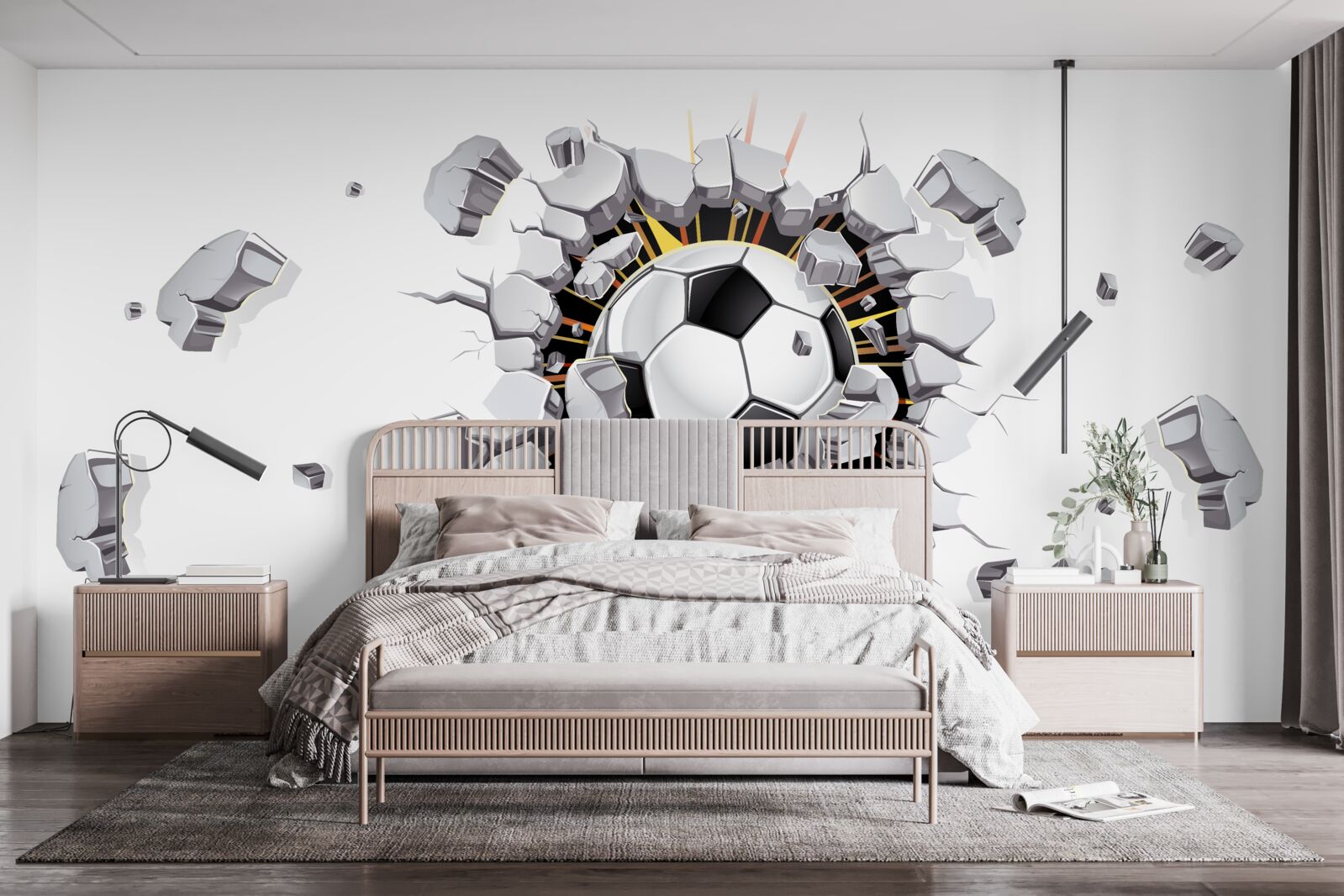 Fotobehang De muur werd doorboord met een voetbal