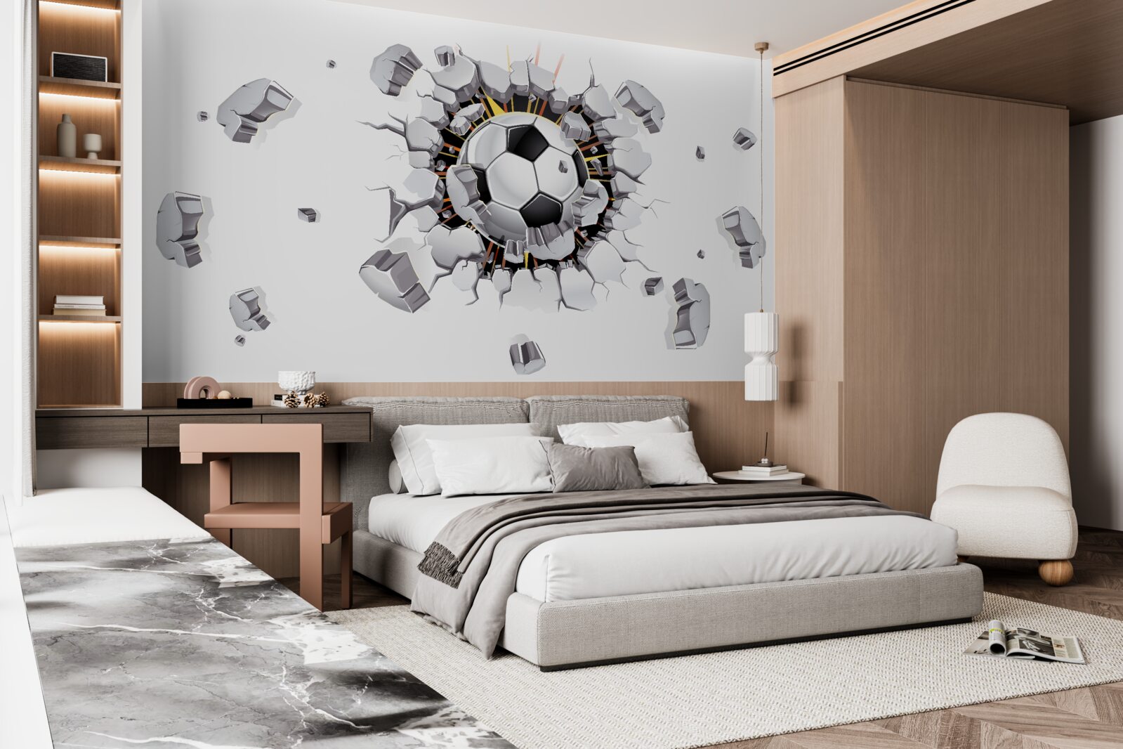 Fotobehang De muur werd doorboord met een voetbal