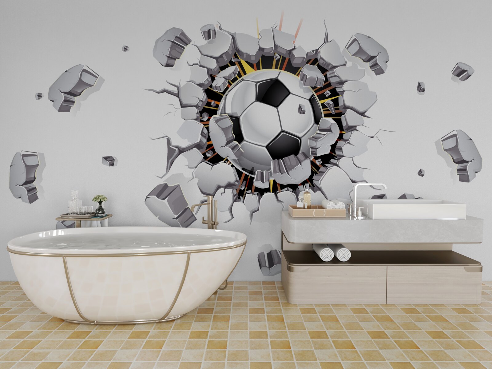 Fotobehang De muur werd doorboord met een voetbal