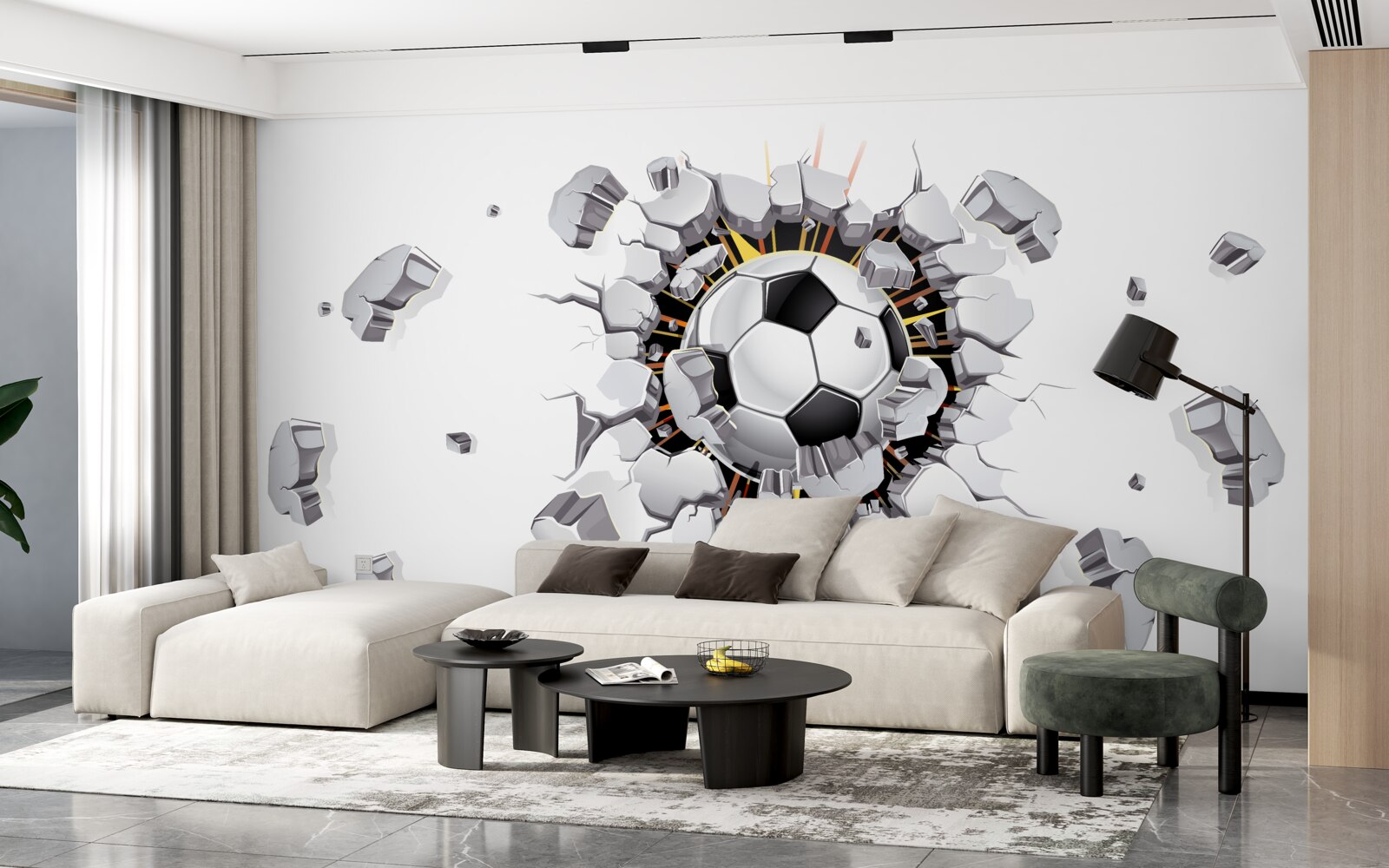 Fotobehang De muur werd doorboord met een voetbal