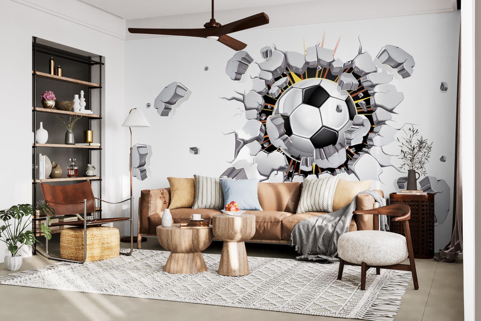 Fotobehang De muur werd doorboord met een voetbal