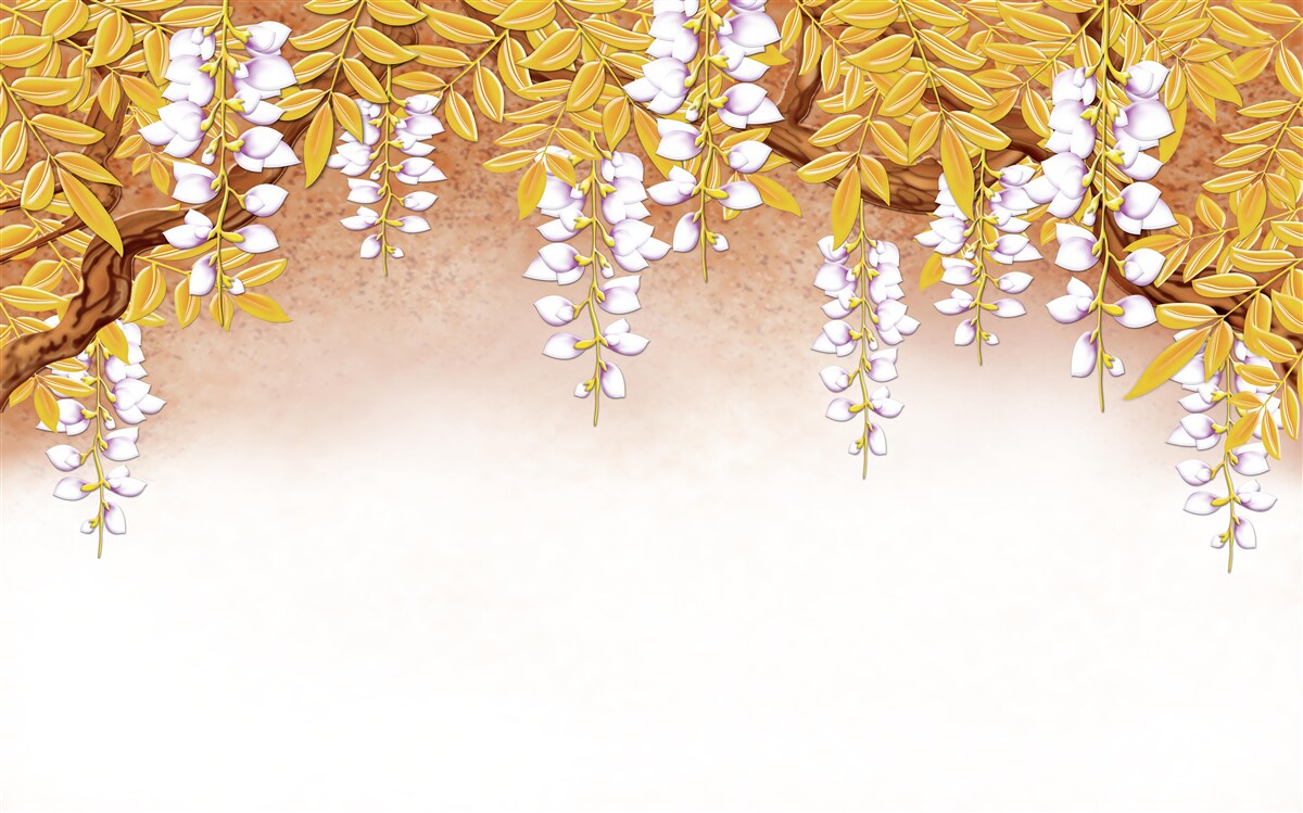 Fotobehang reflectie van gele bladeren en witte bloemen