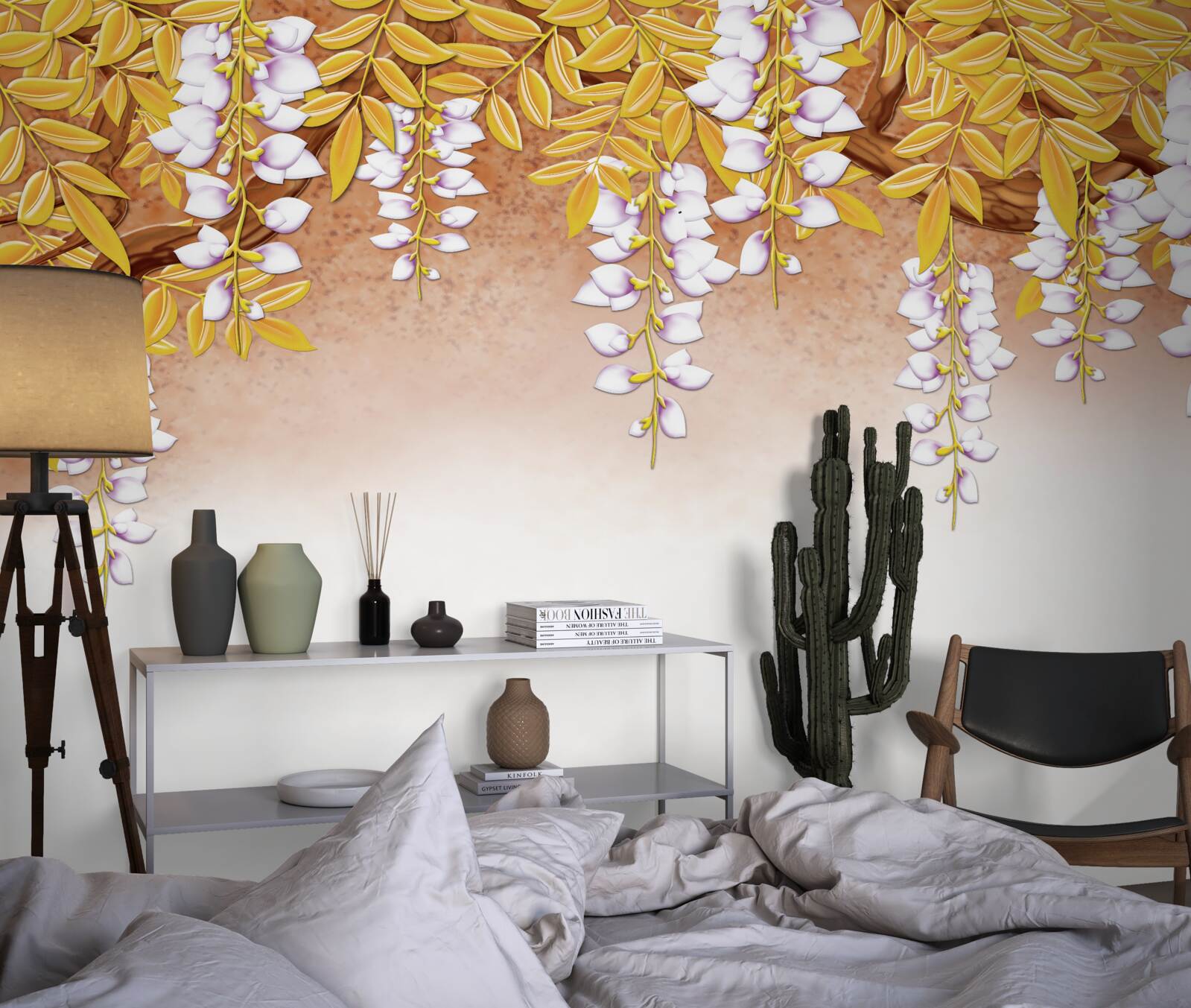 Fotobehang reflectie van gele bladeren en witte bloemen