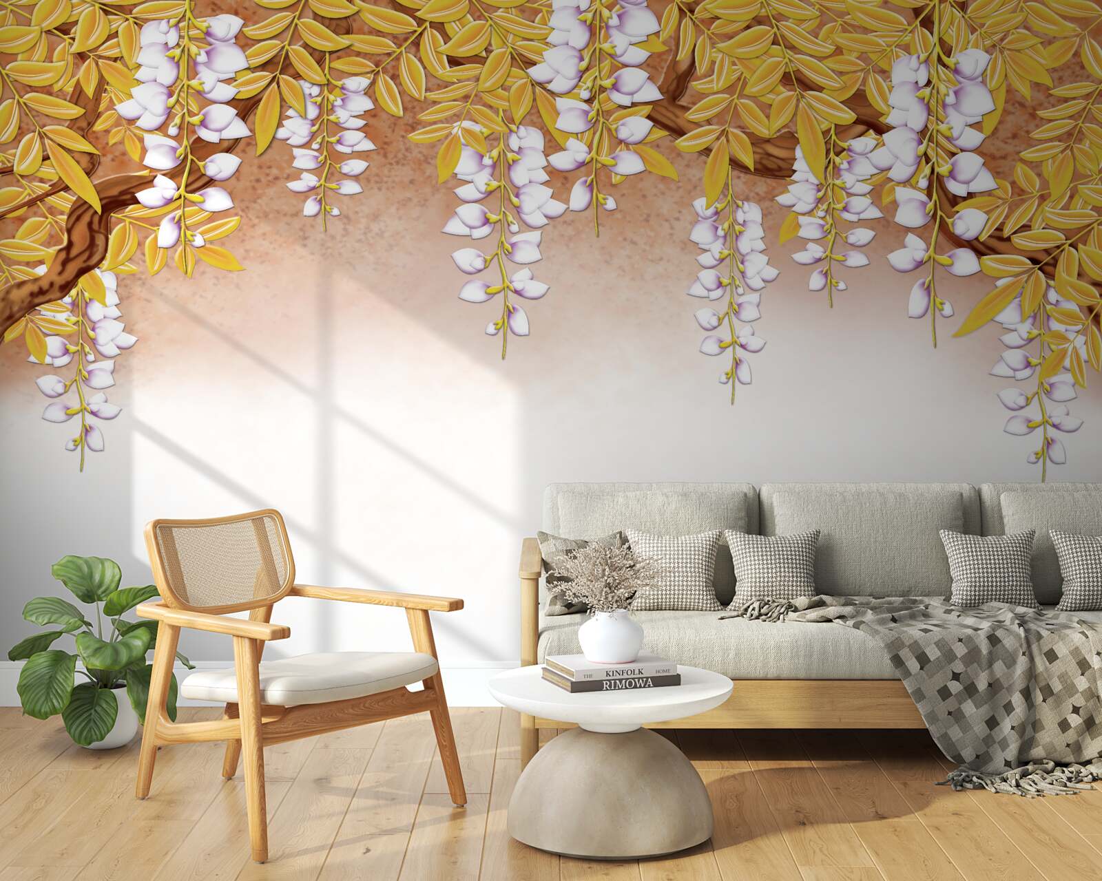 Fotobehang reflectie van gele bladeren en witte bloemen