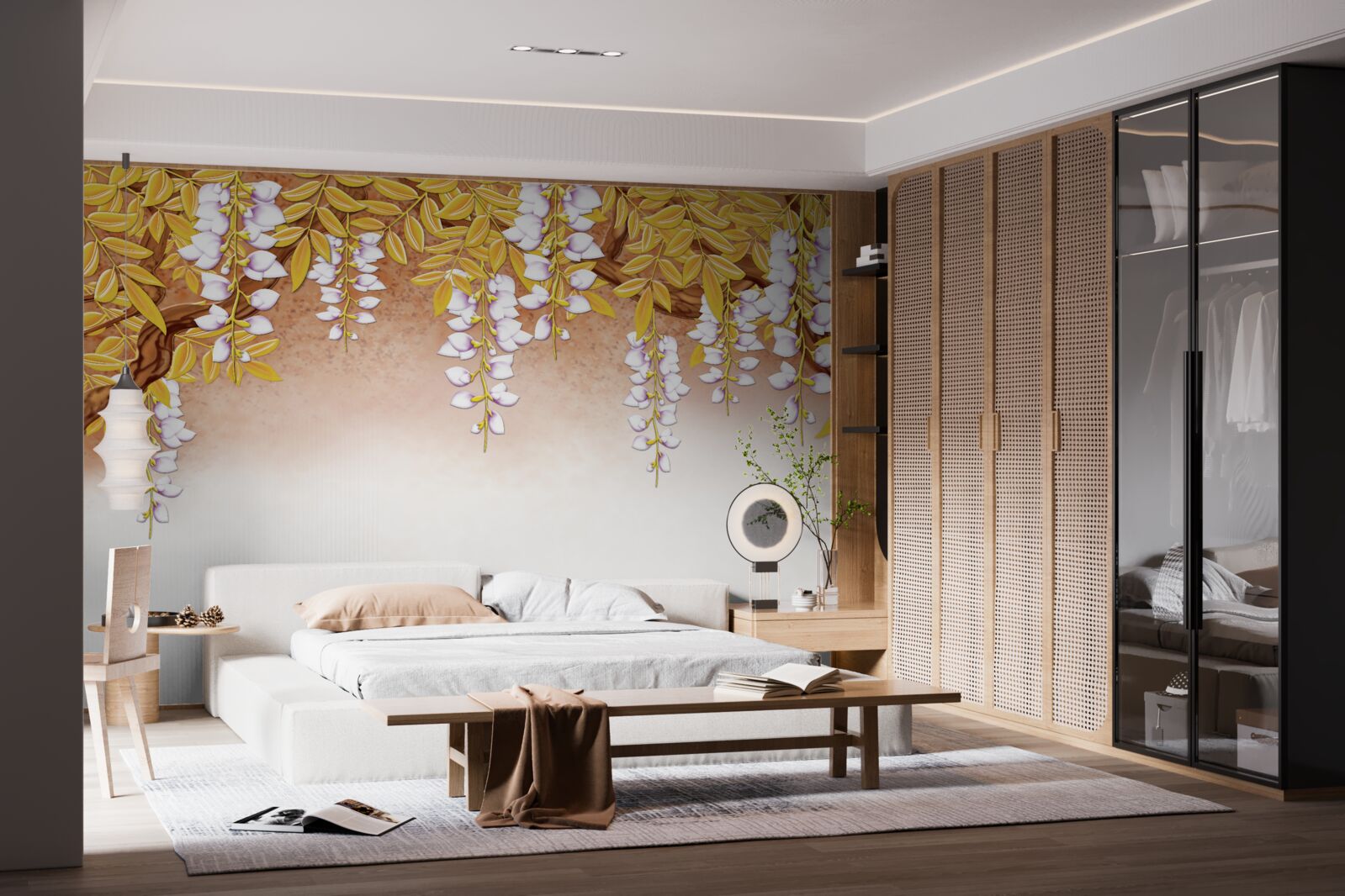 Fotobehang reflectie van gele bladeren en witte bloemen