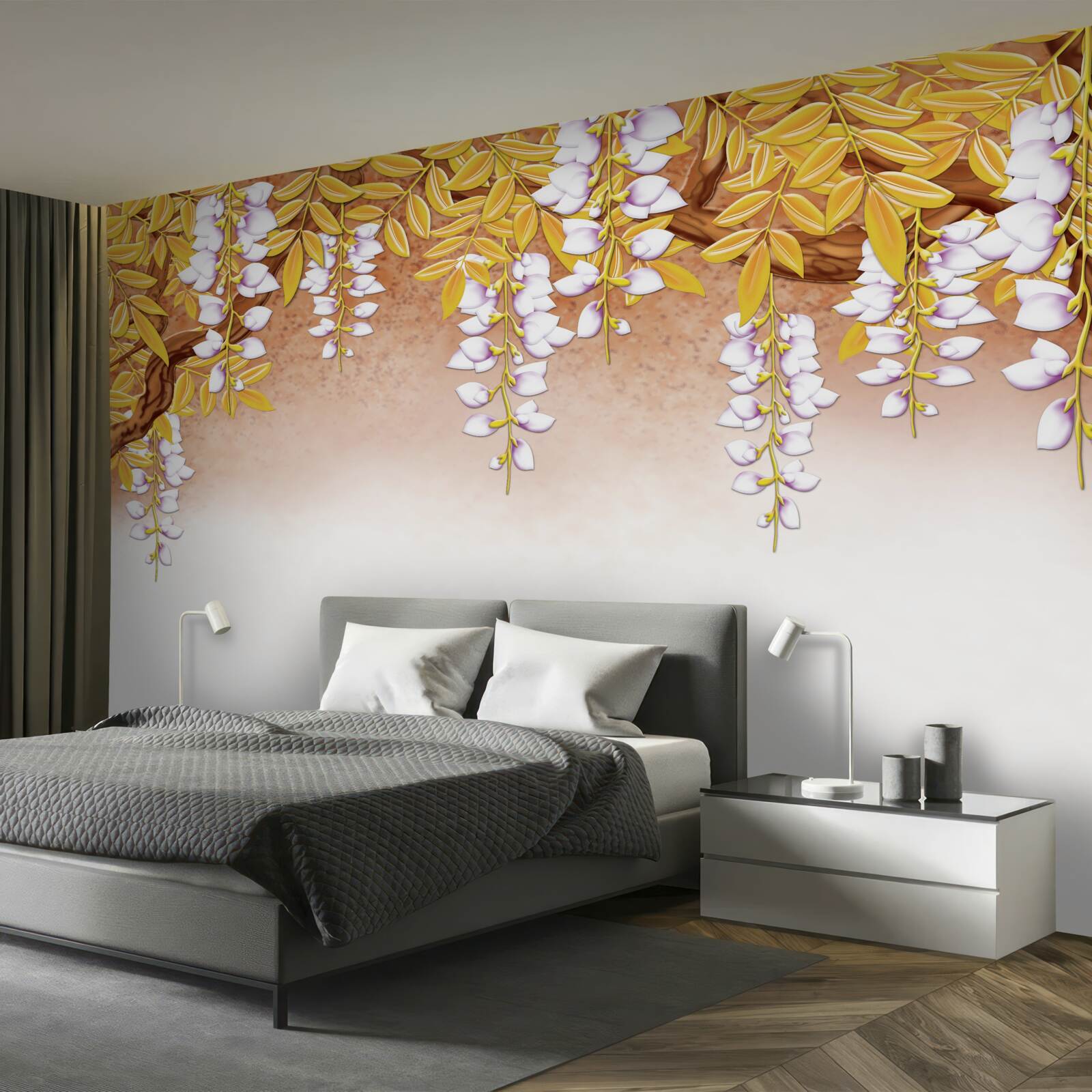 Fotobehang reflectie van gele bladeren en witte bloemen