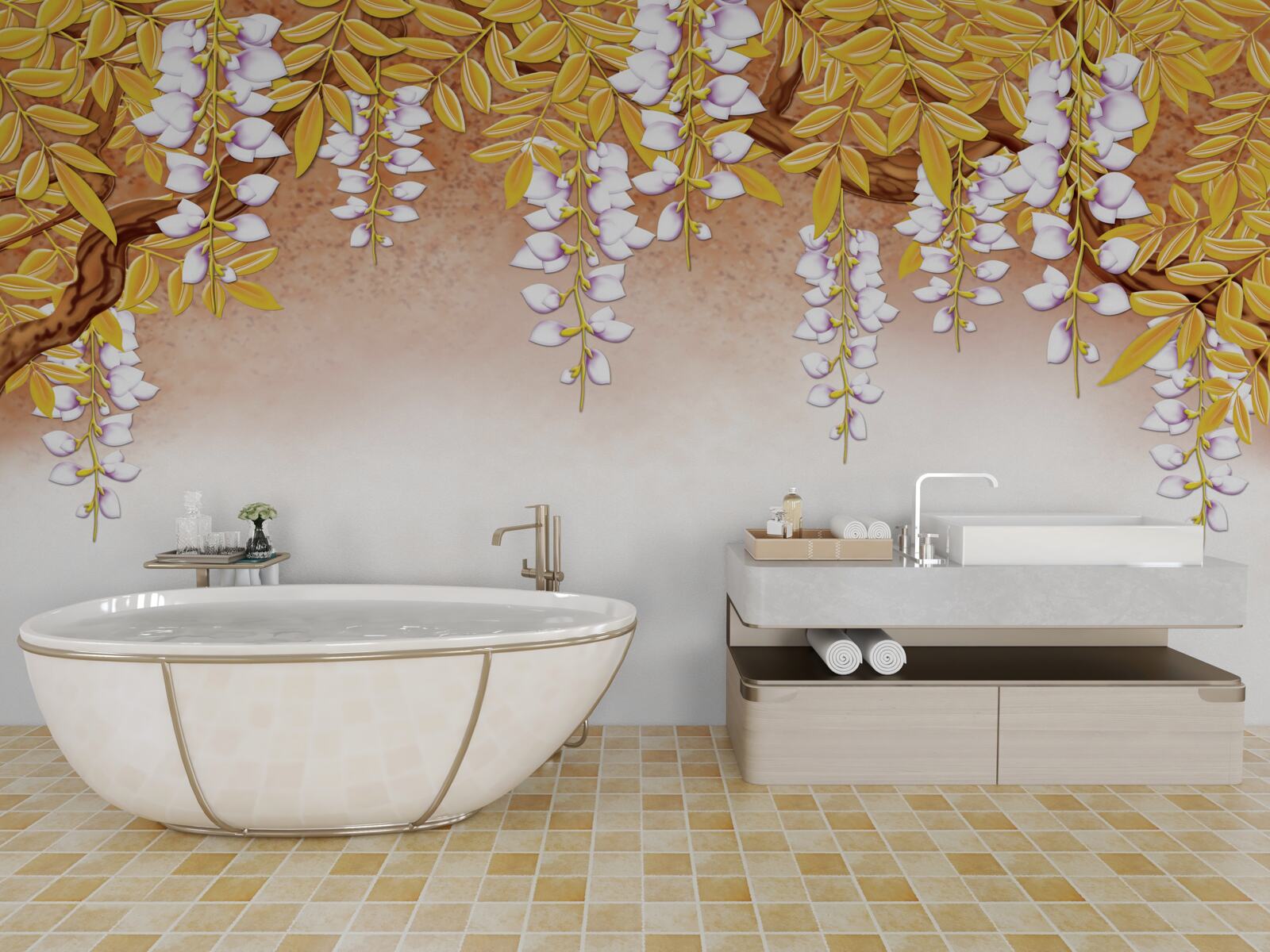 Fotobehang reflectie van gele bladeren en witte bloemen