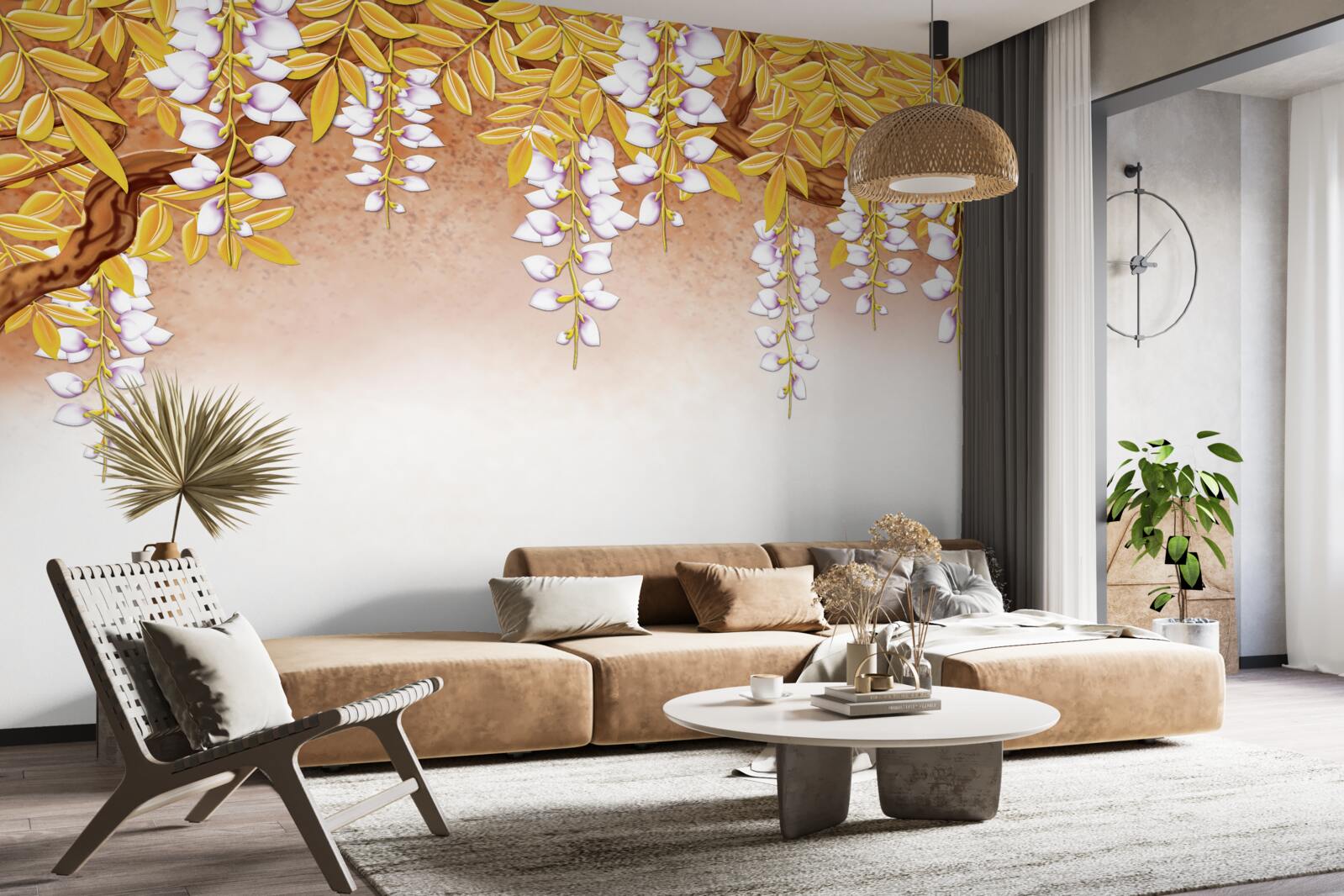 Fotobehang reflectie van gele bladeren en witte bloemen