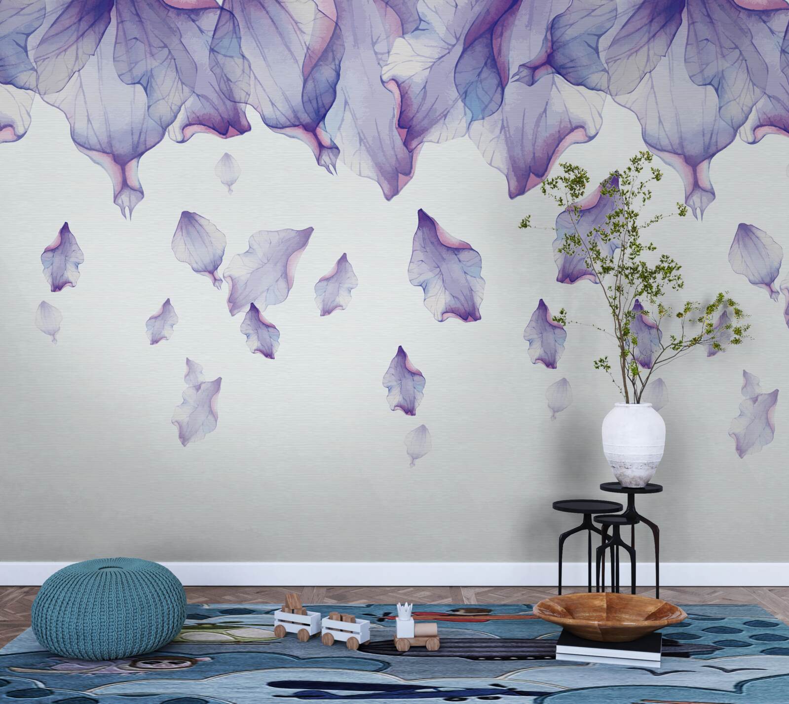 Fotobehang vallende paarse irisbloemen