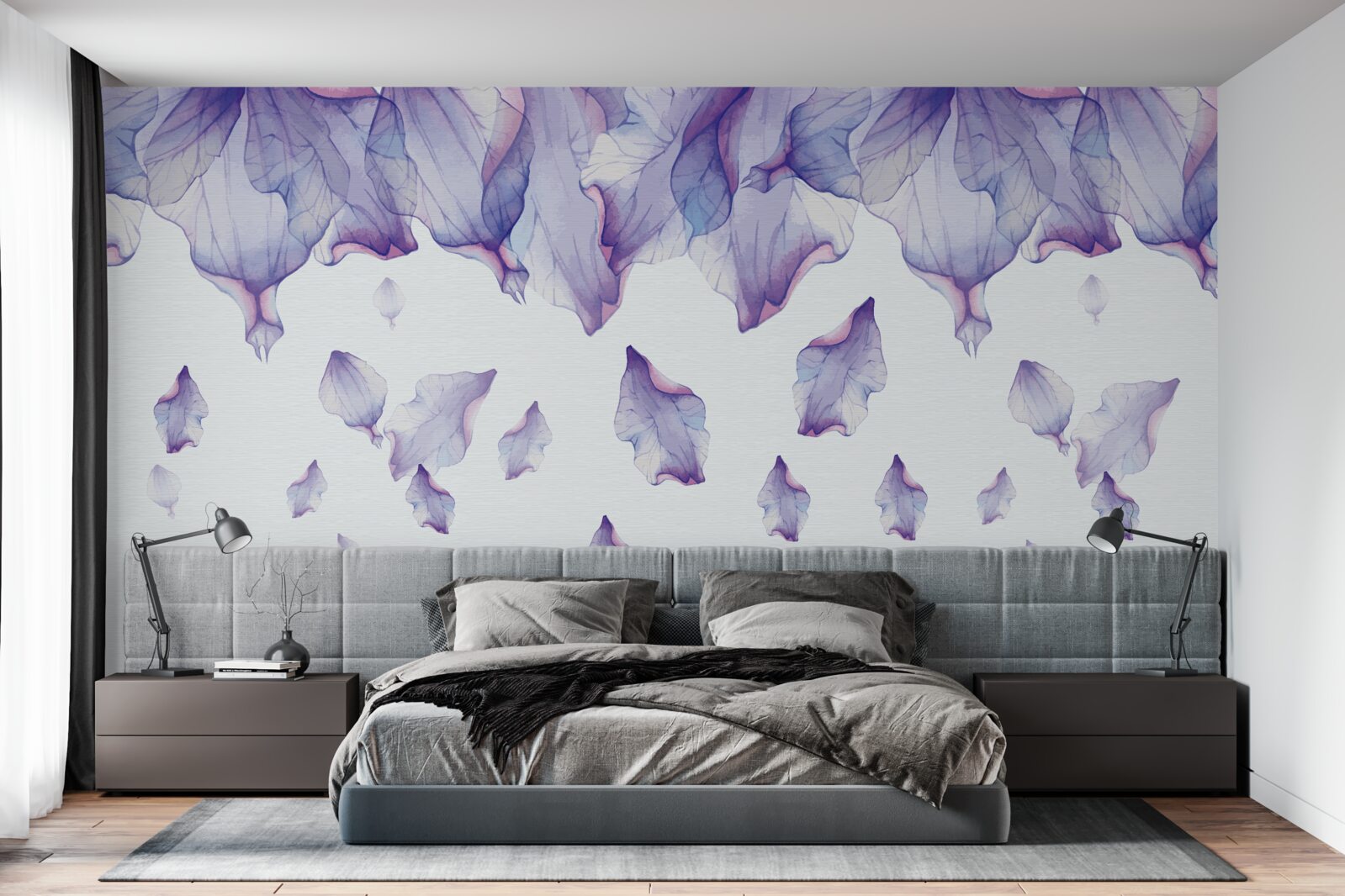 Fotobehang vallende paarse irisbloemen