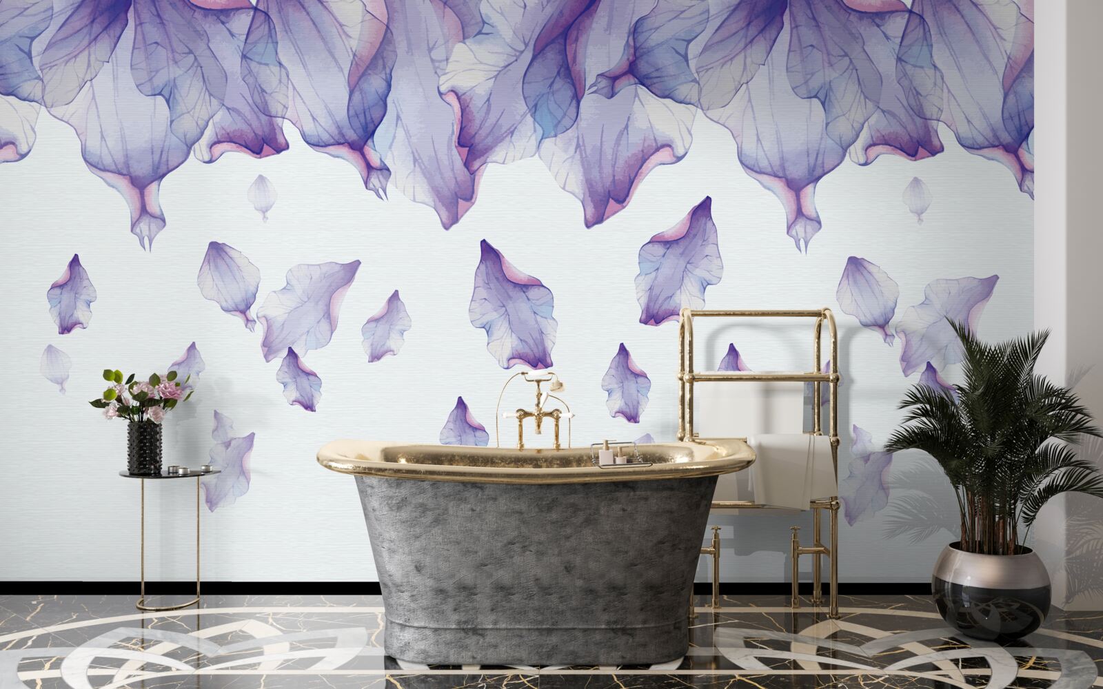 Fotobehang vallende paarse irisbloemen