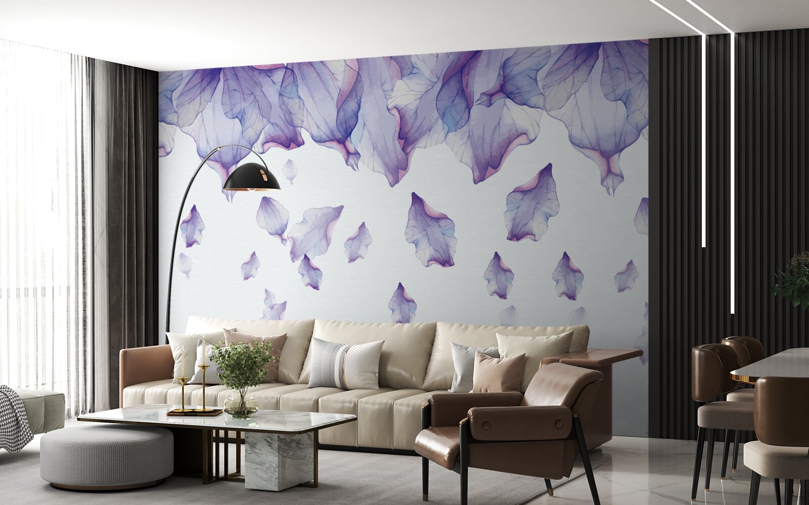 Fotobehang vallende paarse irisbloemen