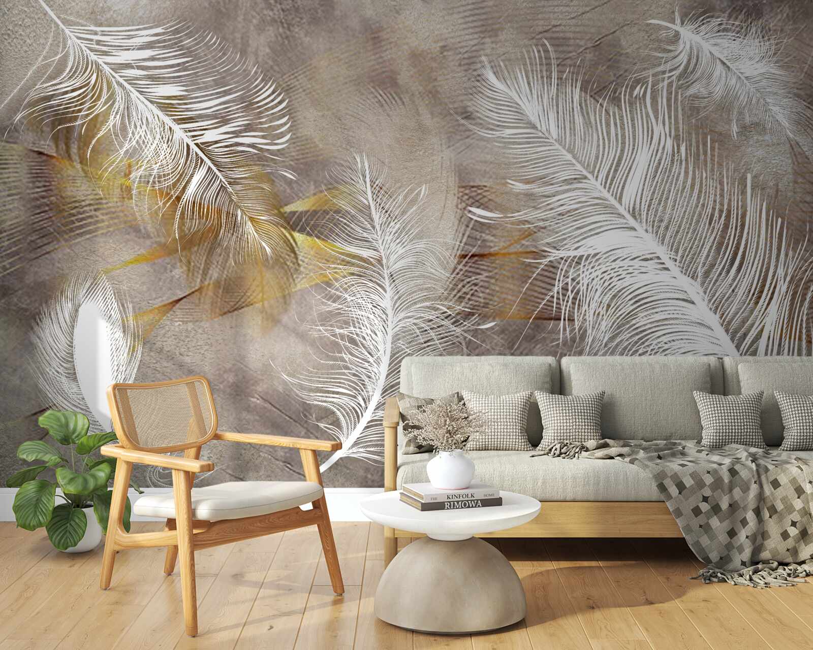 Fotobehang decoratieve veren die verwijzen naar de lichtheid van de lucht