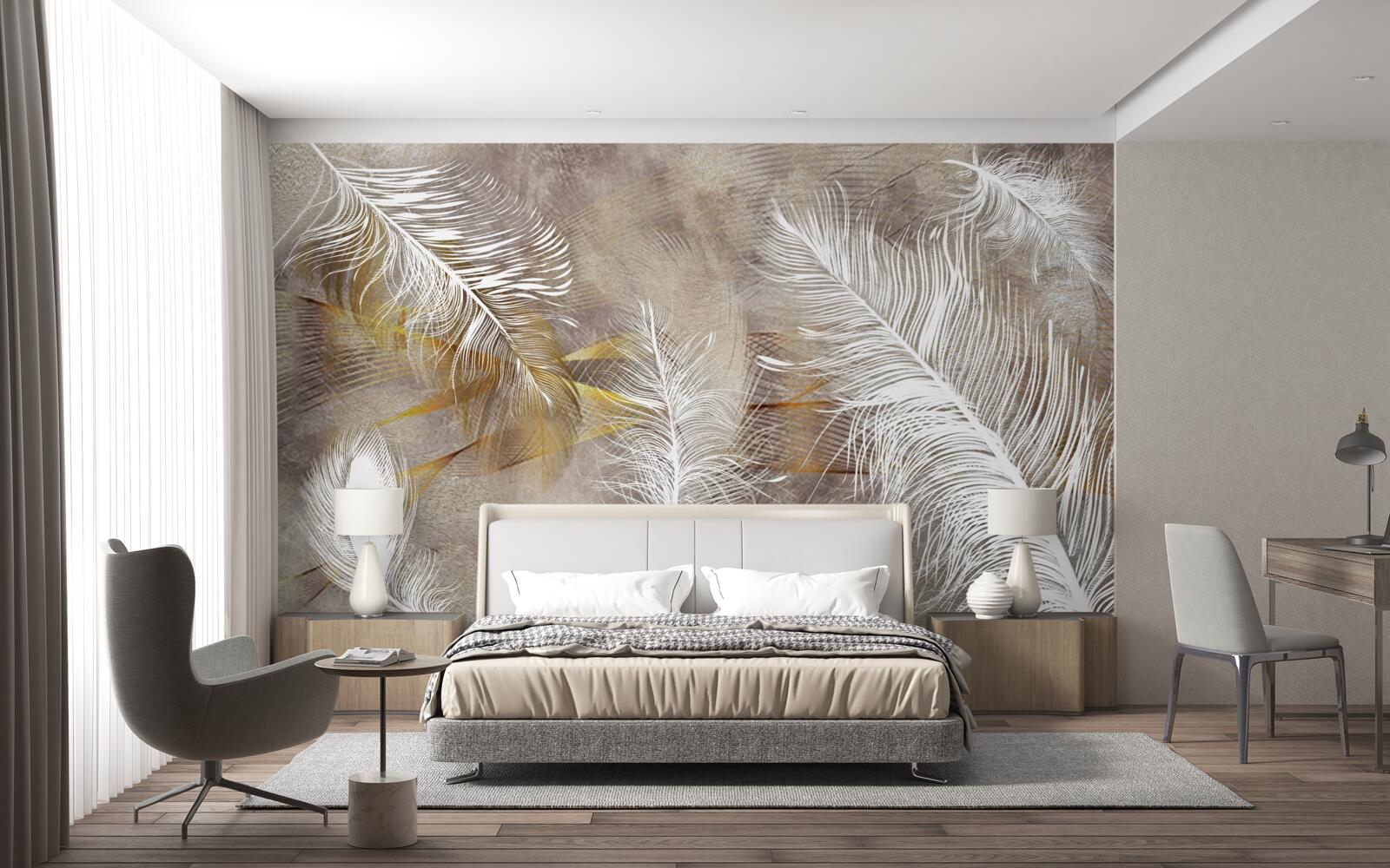 Fotobehang decoratieve veren die verwijzen naar de lichtheid van de lucht