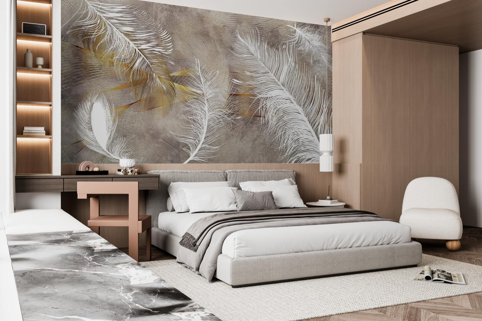 Fotobehang decoratieve veren die verwijzen naar de lichtheid van de lucht