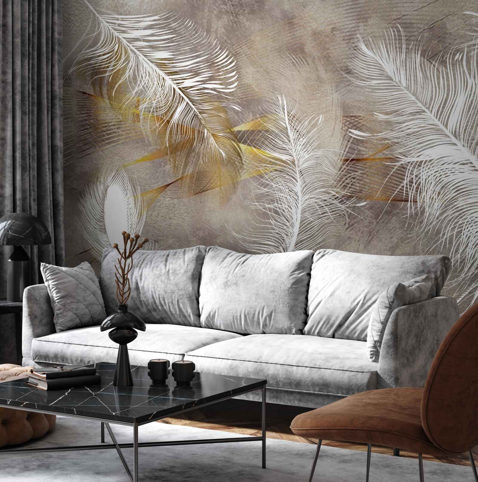 Fotobehang decoratieve veren die verwijzen naar de lichtheid van de lucht