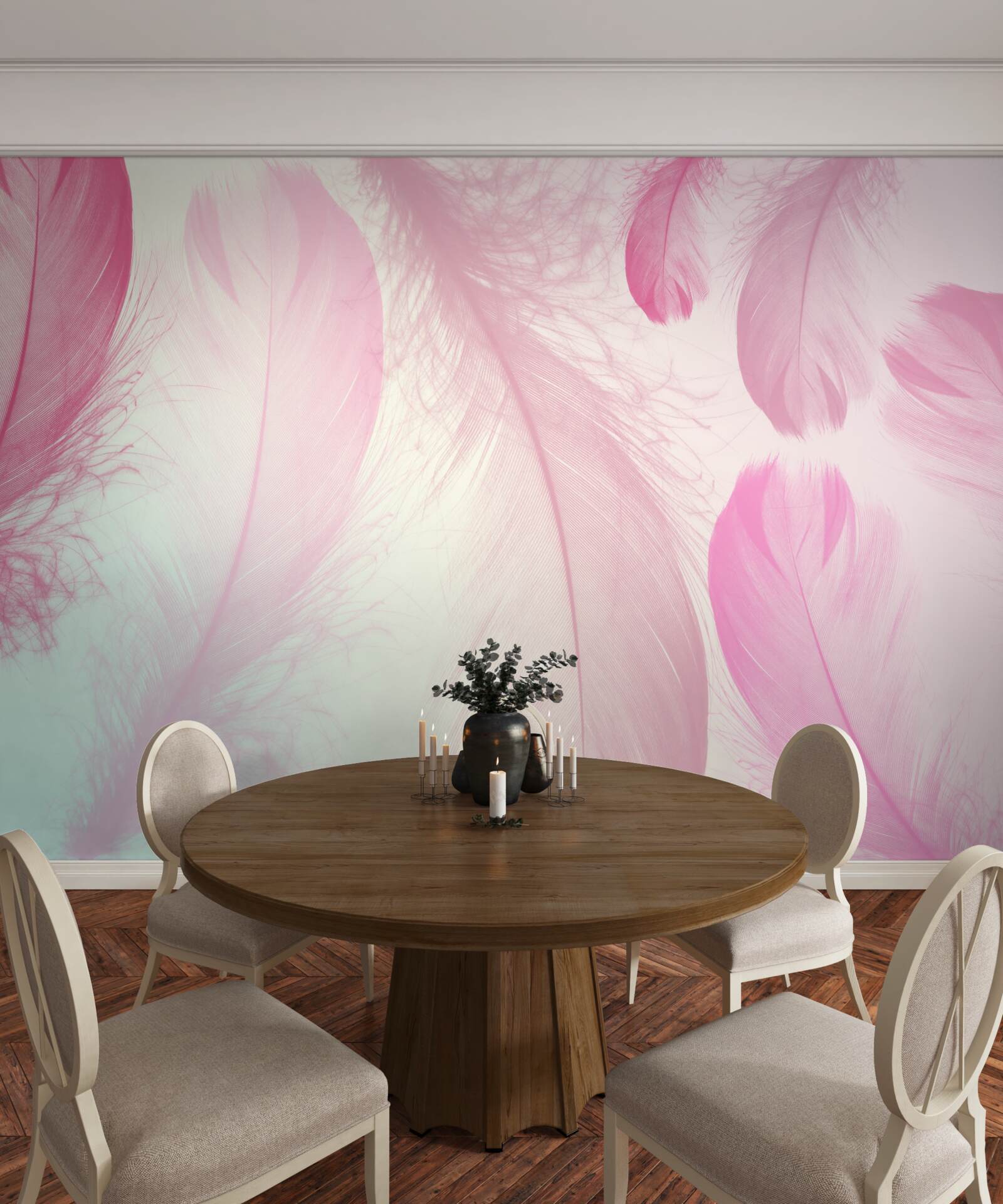 Fotobehang grote veren met een delicate roze tint