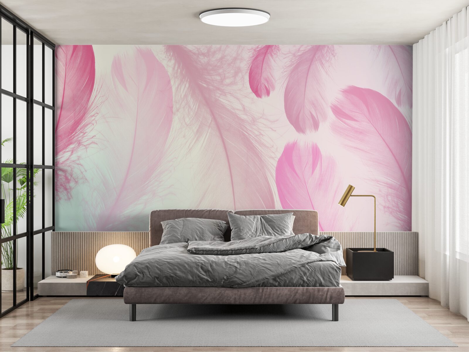 Fotobehang grote veren met een delicate roze tint