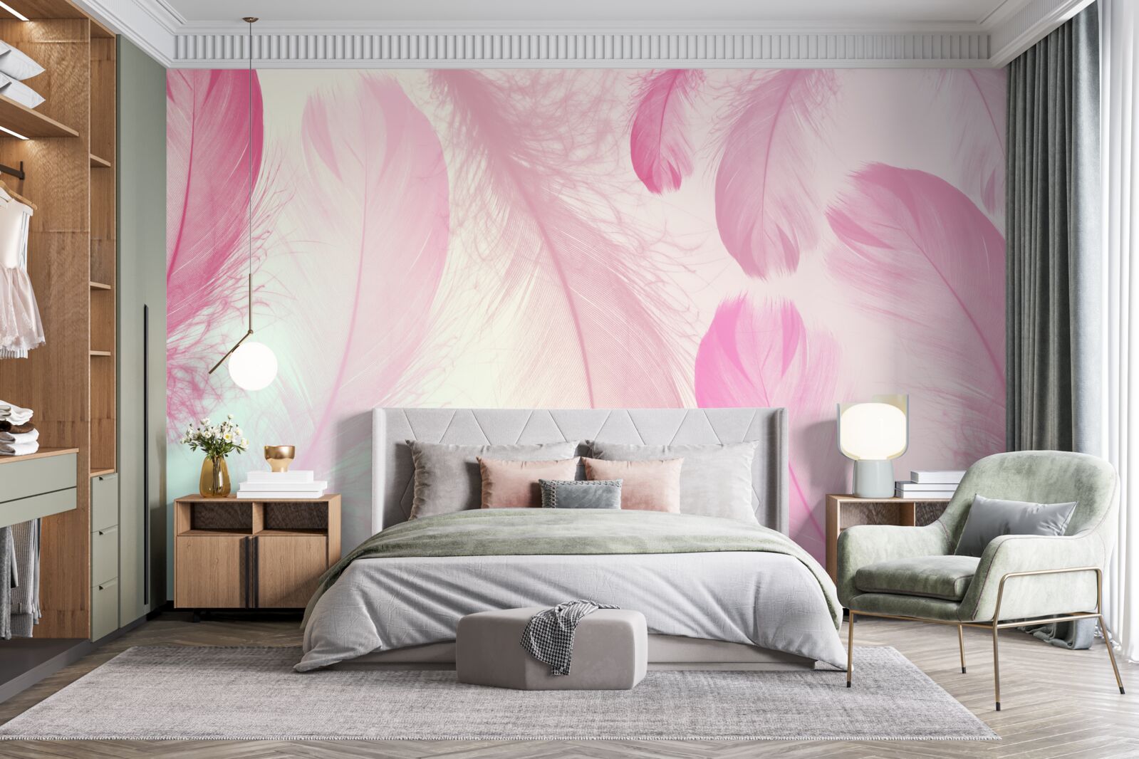 Fotobehang grote veren met een delicate roze tint