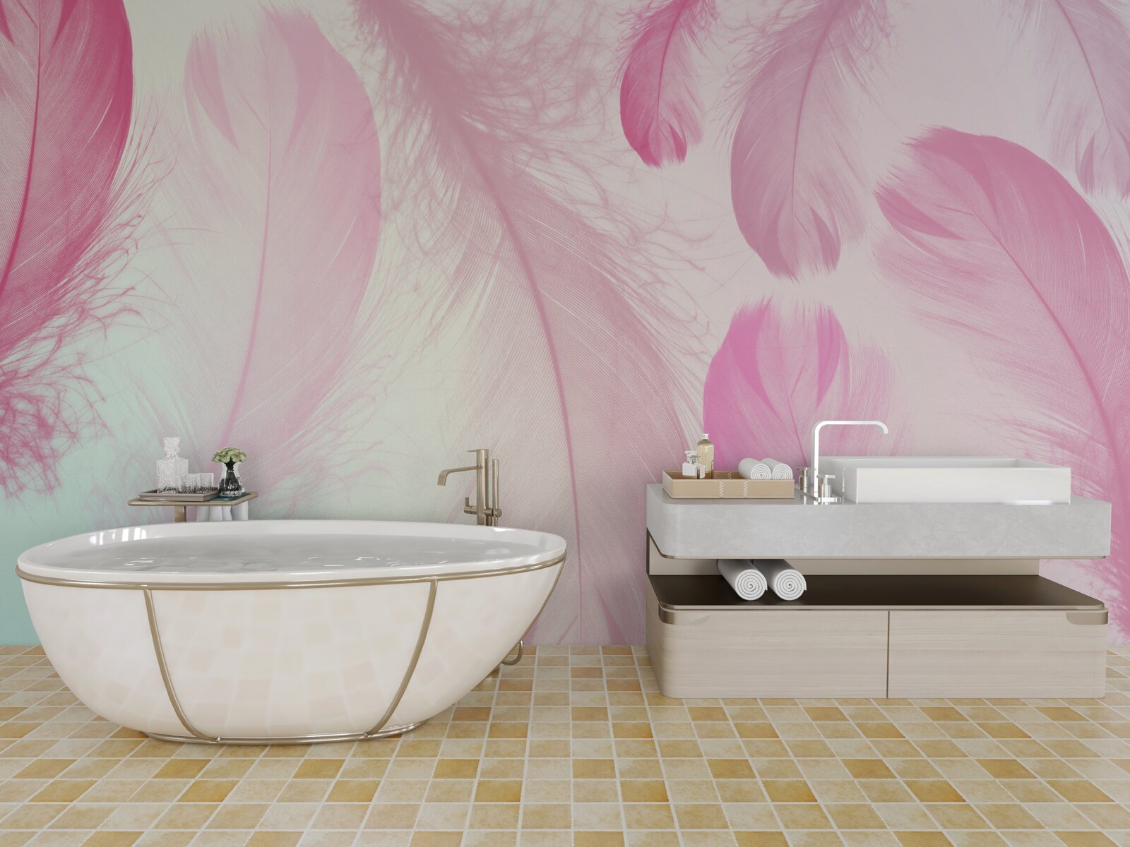 Fotobehang grote veren met een delicate roze tint