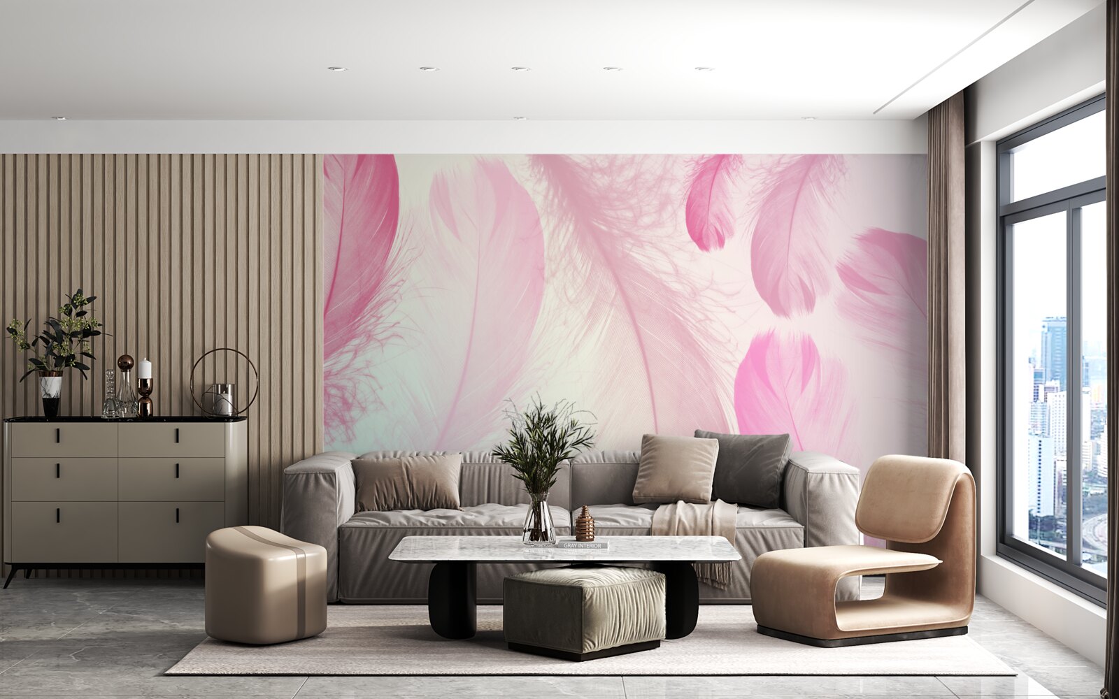 Fotobehang grote veren met een delicate roze tint