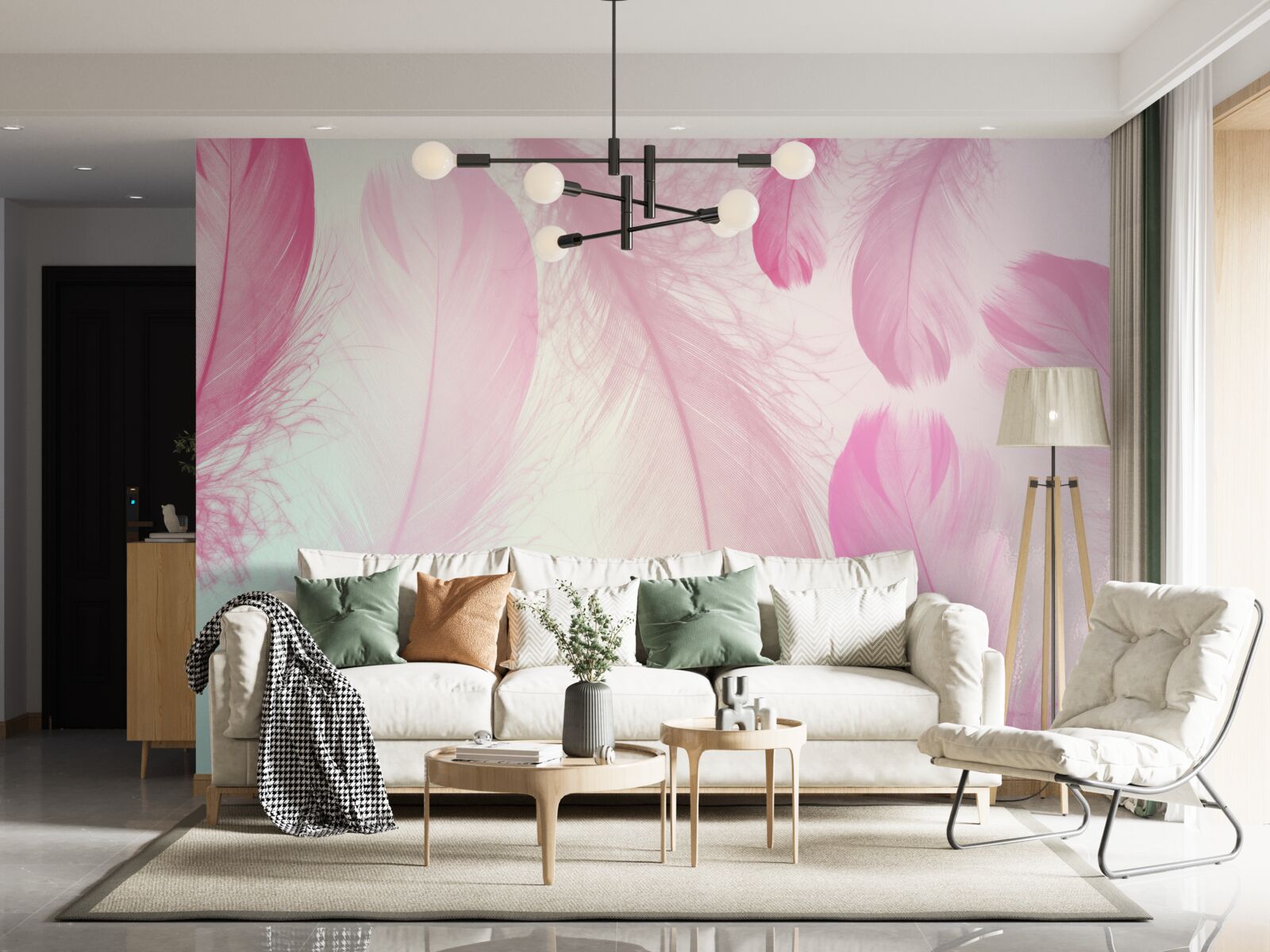 Fotobehang grote veren met een delicate roze tint