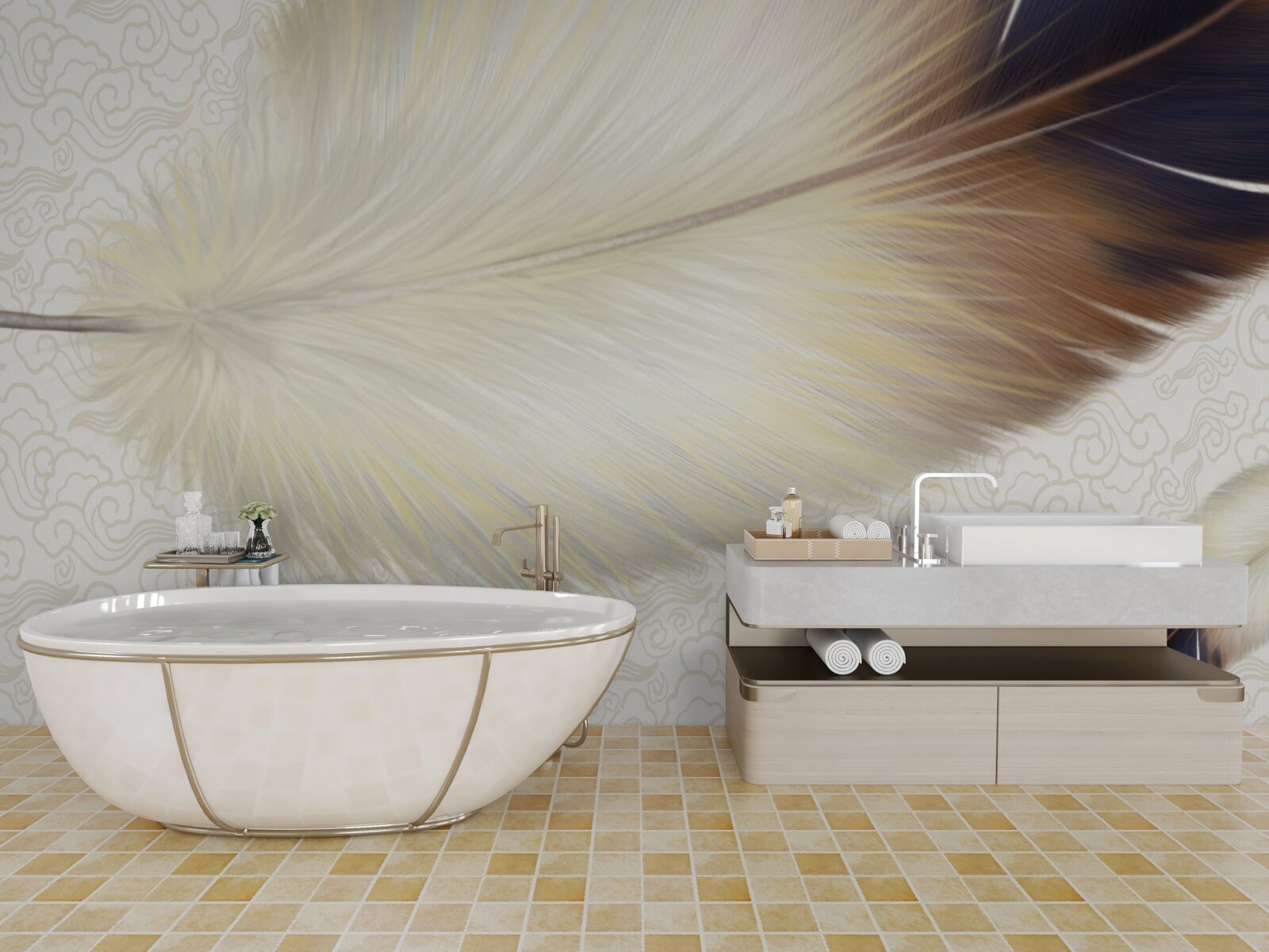 Fotobehang veren zijn wit met bruine randen