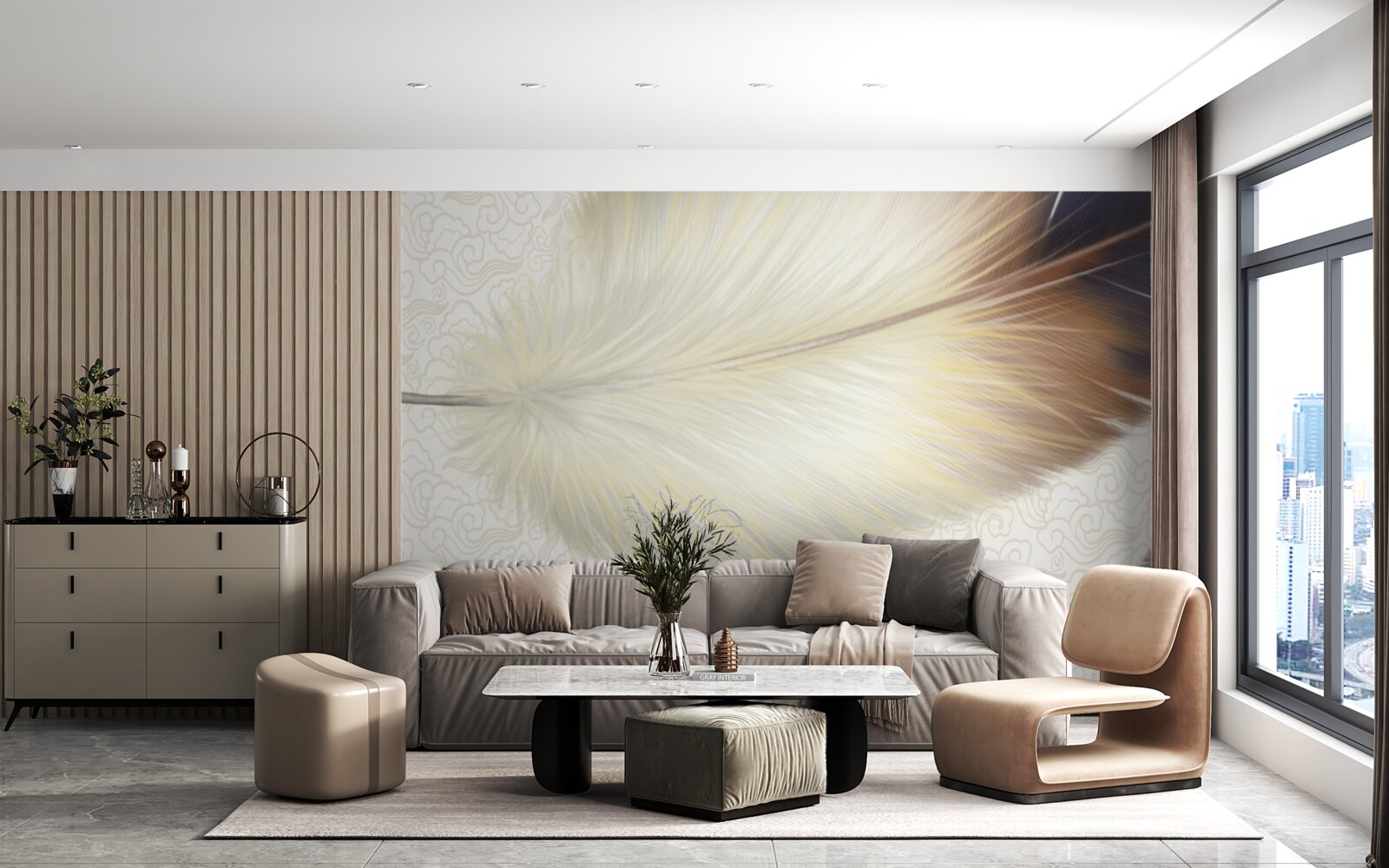 Fotobehang veren zijn wit met bruine randen