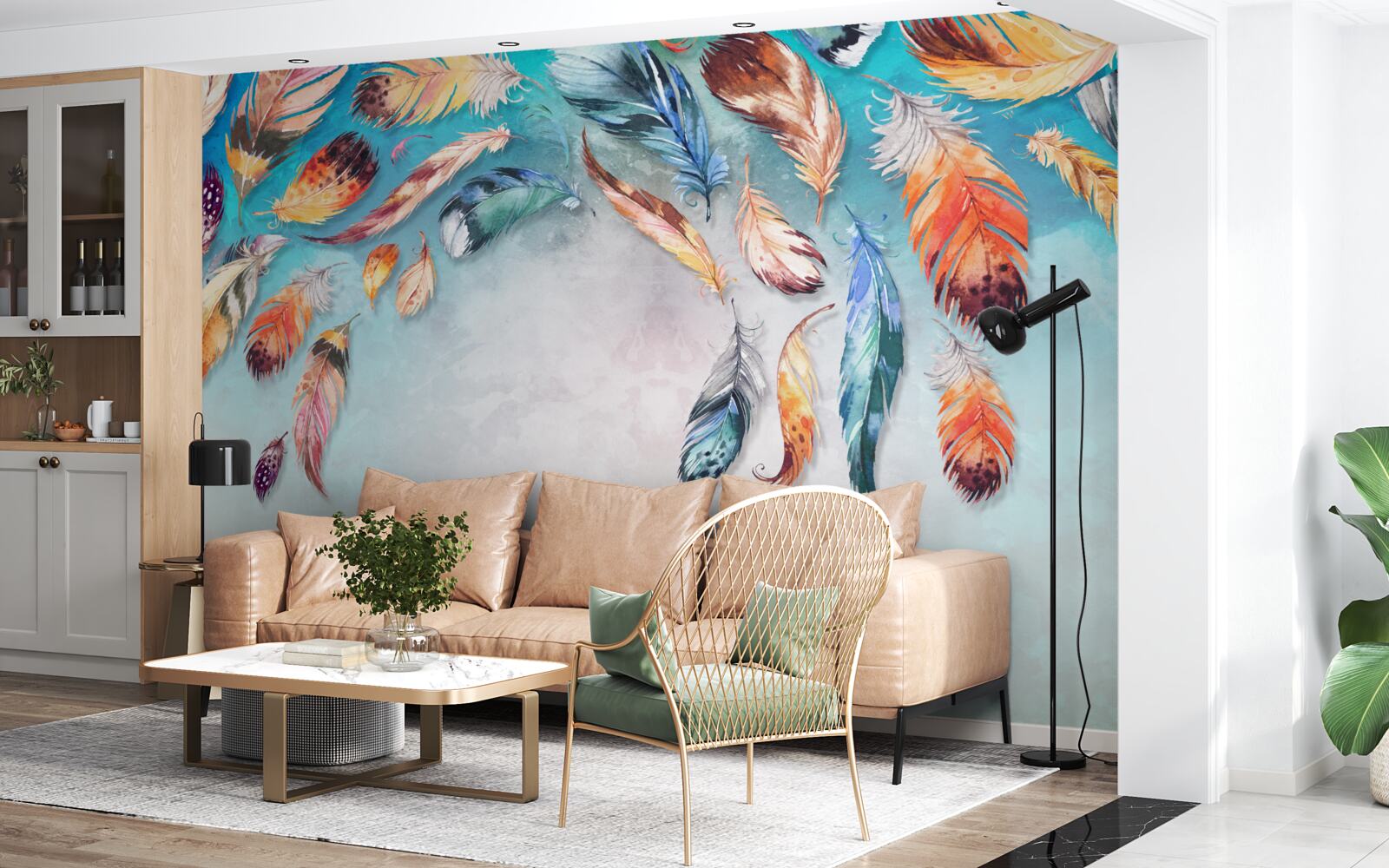 Fotobehang felgekleurde pluizige veren