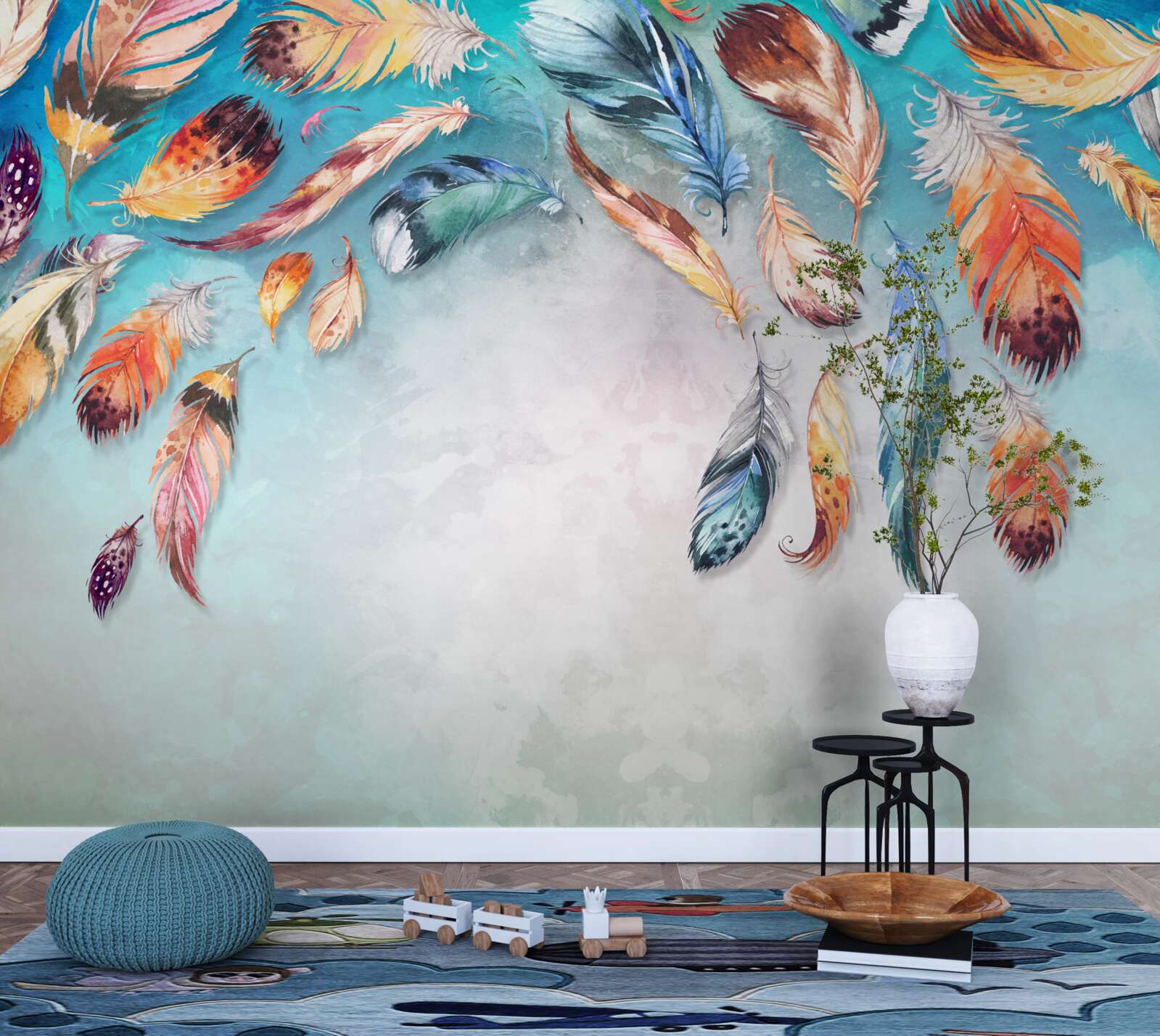 Fotobehang felgekleurde pluizige veren