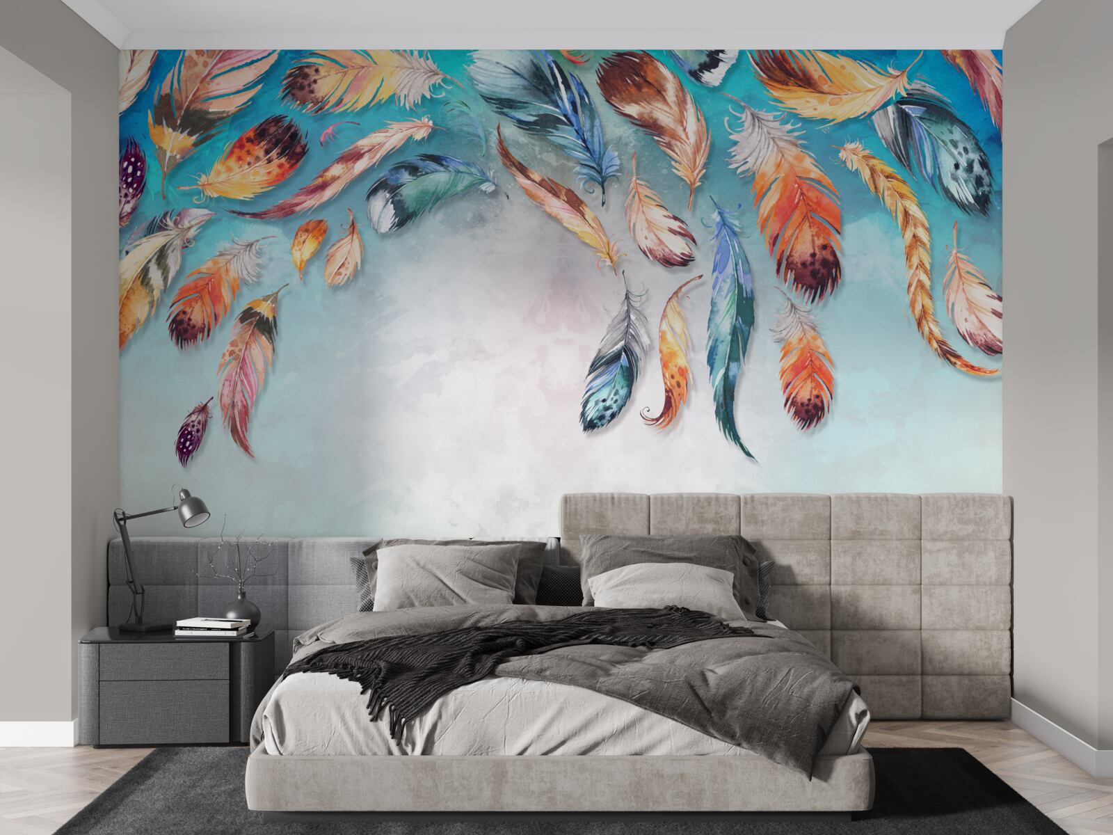 Fotobehang felgekleurde pluizige veren