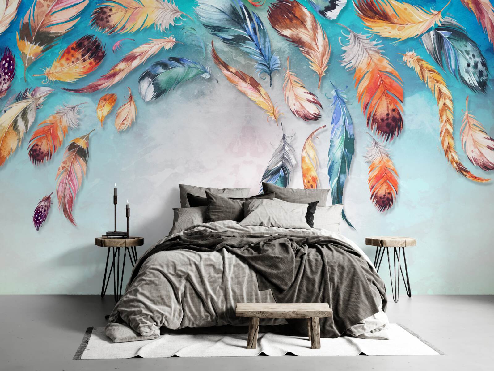 Fotobehang felgekleurde pluizige veren