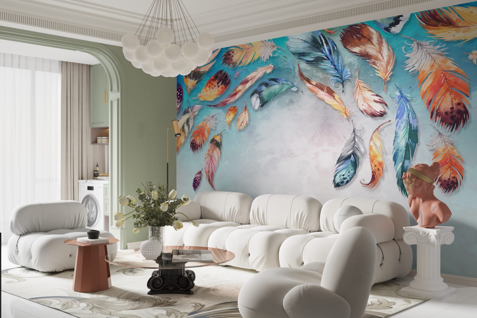 Fotobehang felgekleurde pluizige veren