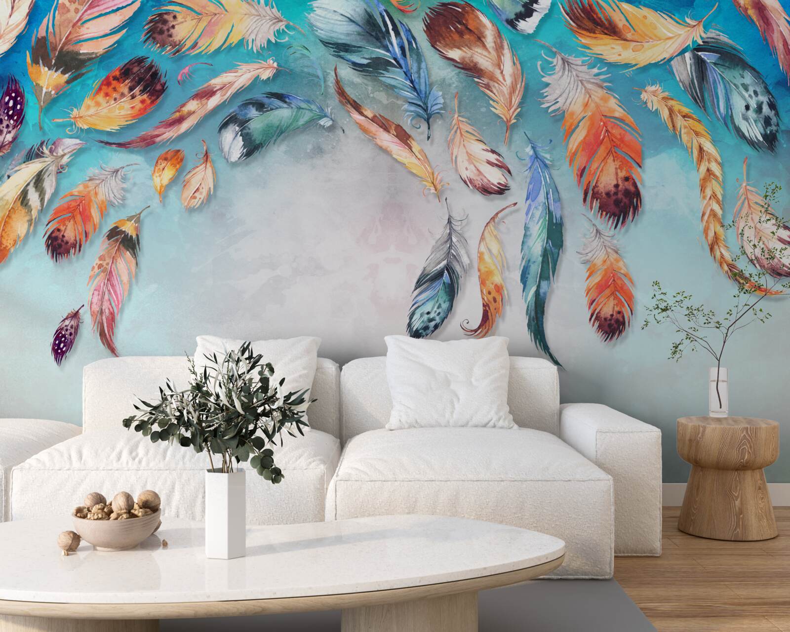 Fotobehang felgekleurde pluizige veren