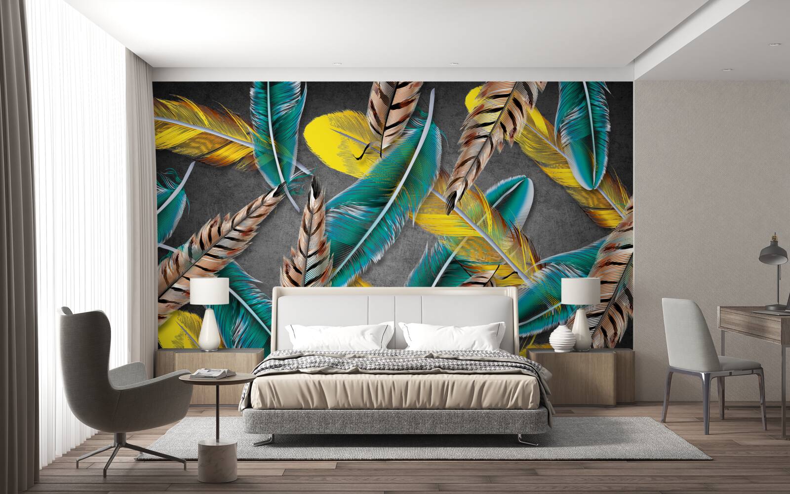 Fotobehang achtergrond met kleurverloop en abstracte veren