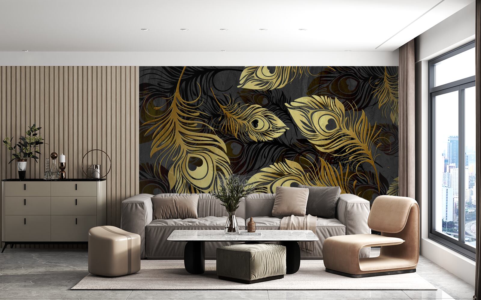 Fotobehang glanzende gouden veren