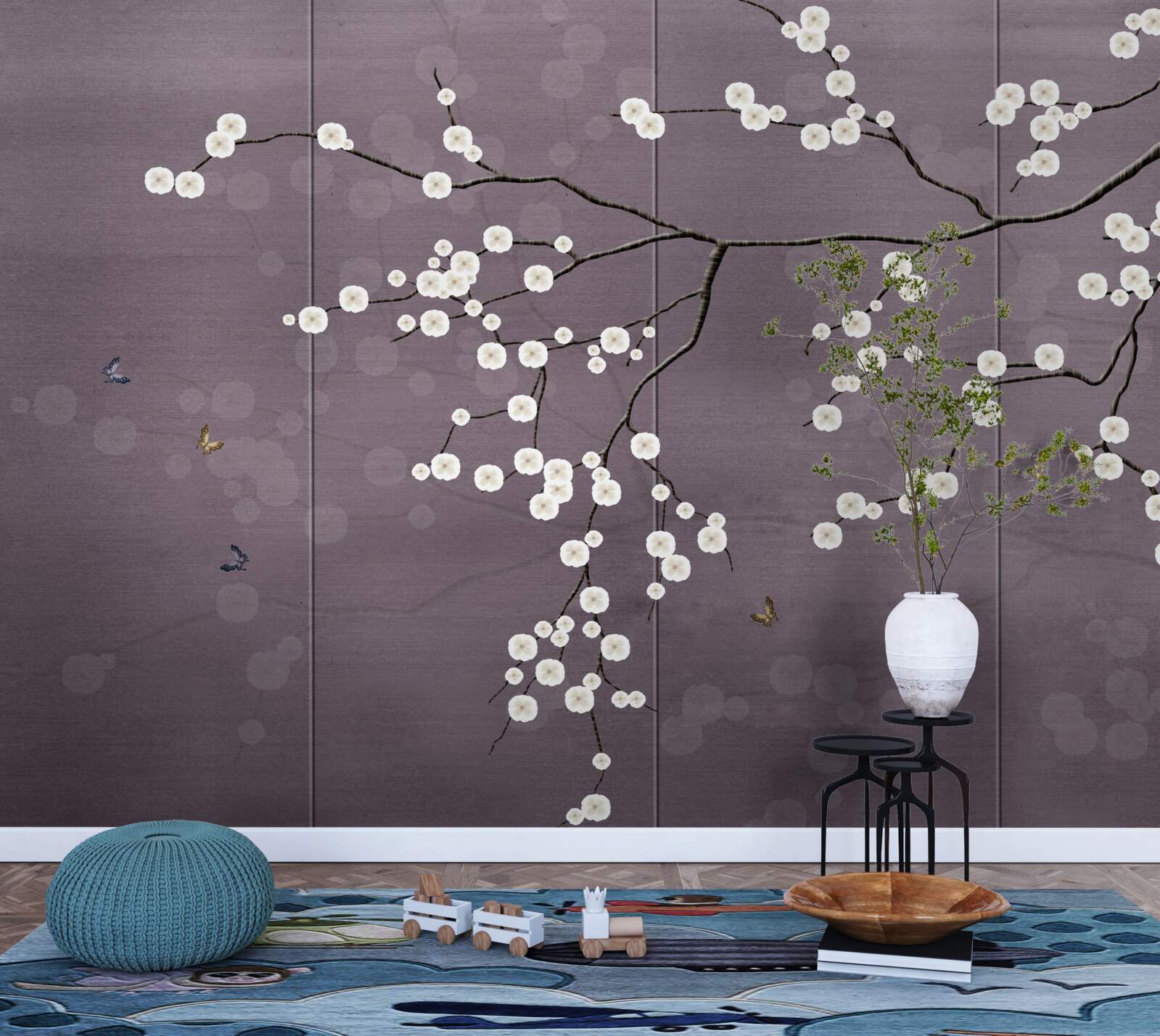 Fotobehang tak bezaaid met kleine witte bloemen