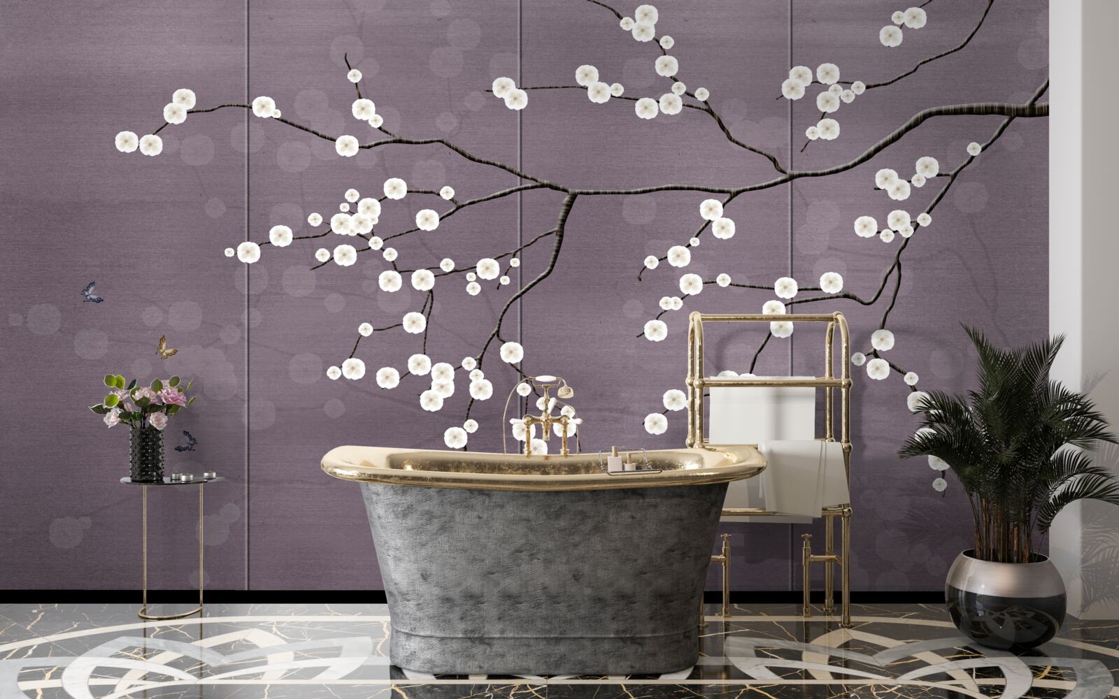 Fotobehang tak bezaaid met kleine witte bloemen