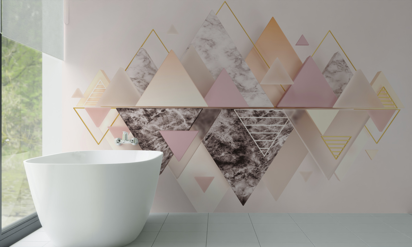 Fotobehang weerspiegeling van het herfstbos met zijn roze tinten in het water