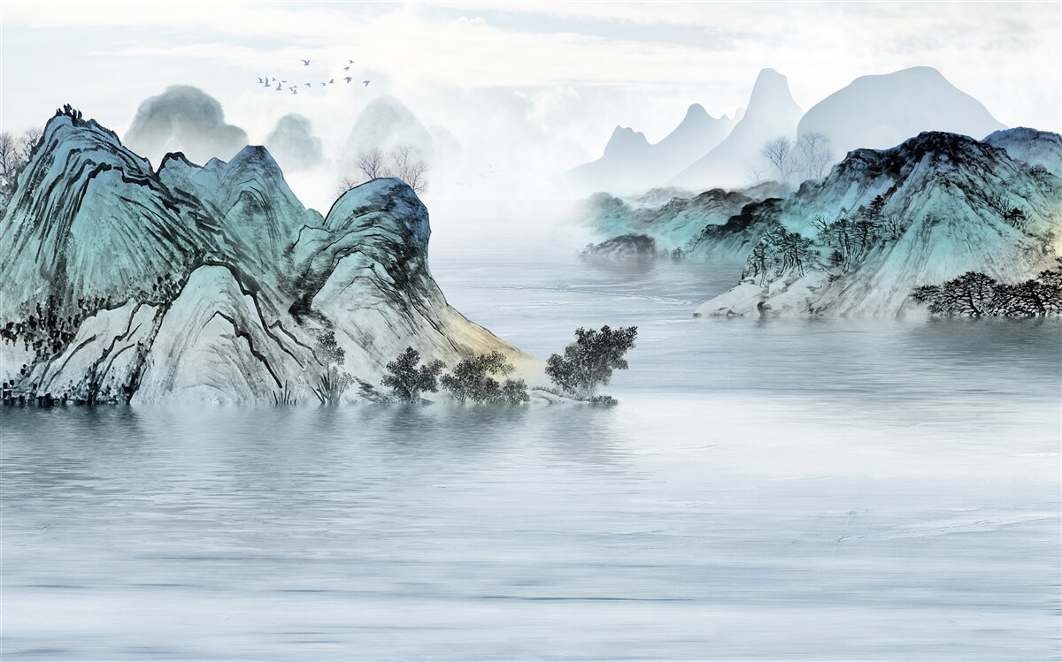 Fotobehang visser op een bergreservoir