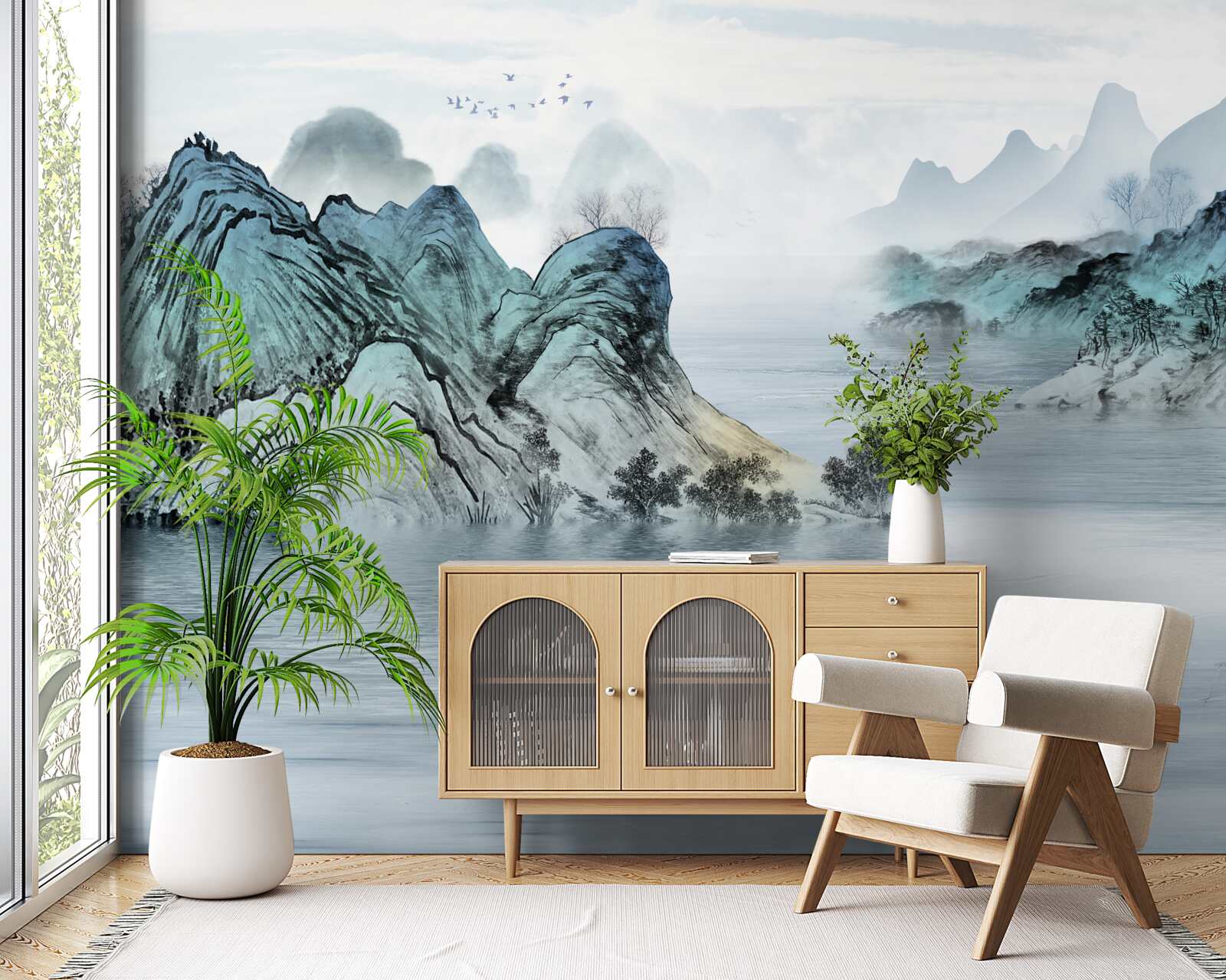 Fotobehang visser op een bergreservoir