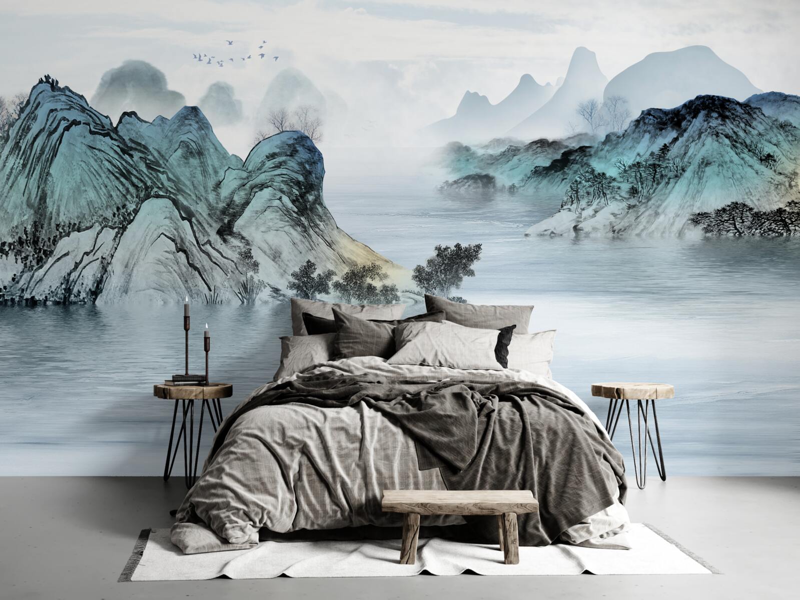 Fotobehang visser op een bergreservoir