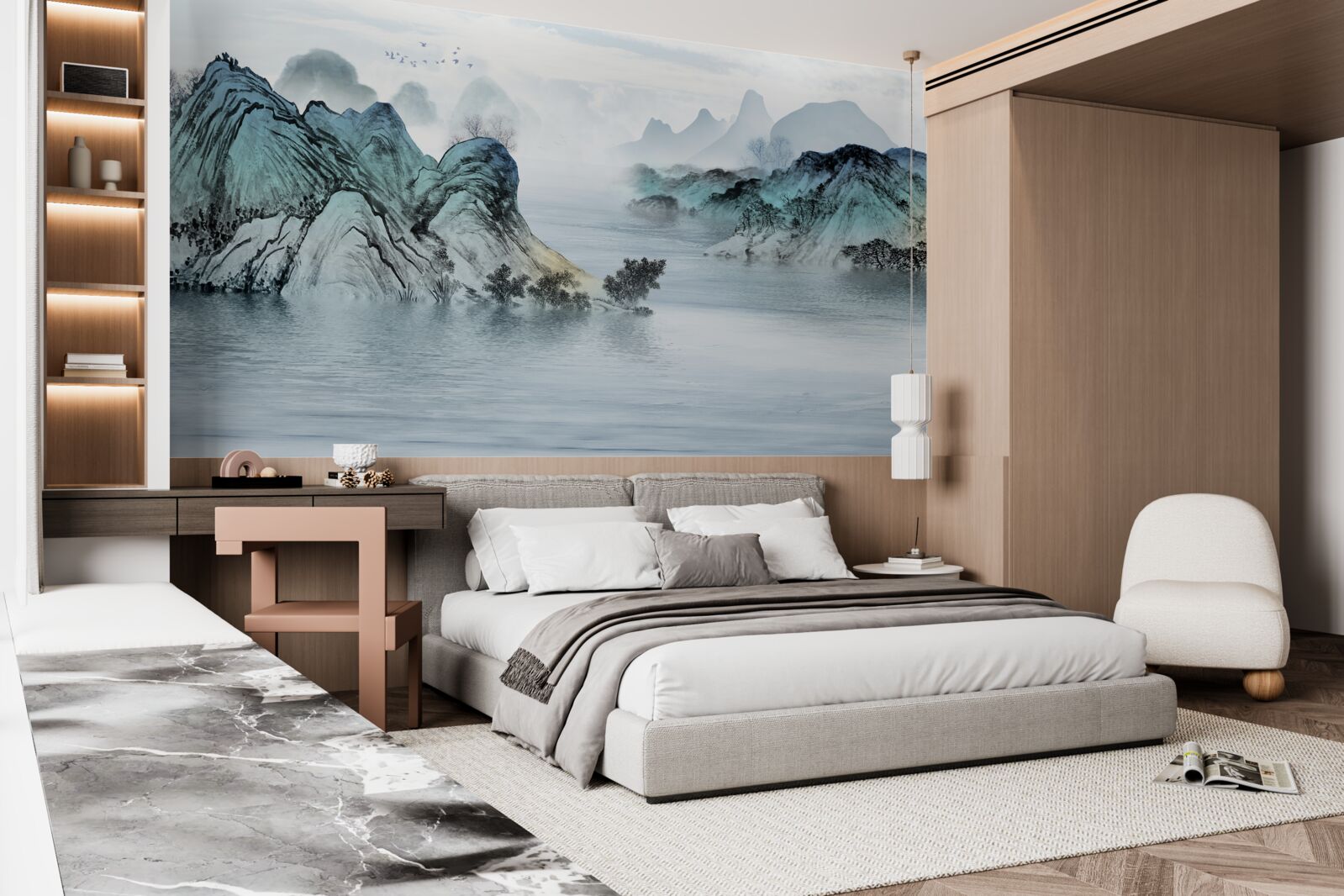 Fotobehang visser op een bergreservoir